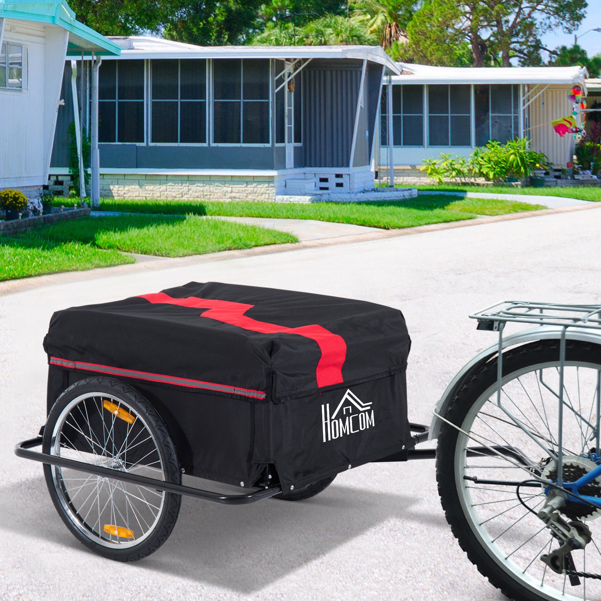 HOMCOM Two-Wheel Bicycle Large Cargo Wagon Trailer Oxford Fabric, Folding Storage, & Removable Cover, Red&Black - North Peak Garden Furniture