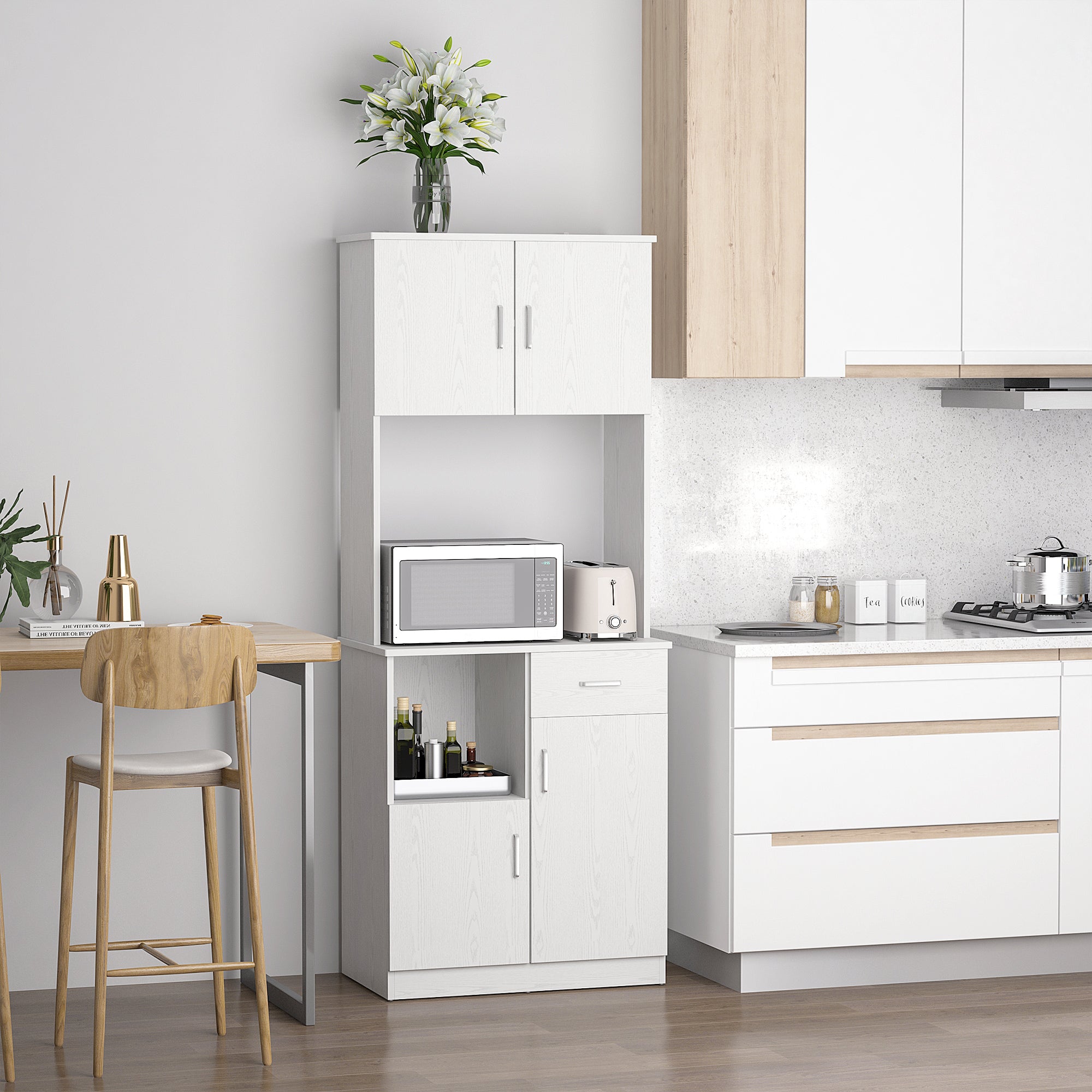 HOMCOM Freestanding Kitchen Cupboard, Modern Kitchen Storage Cabinet with Doors, Microwave Counter and Adjustable Shelves, White - North Peak Garden Furniture