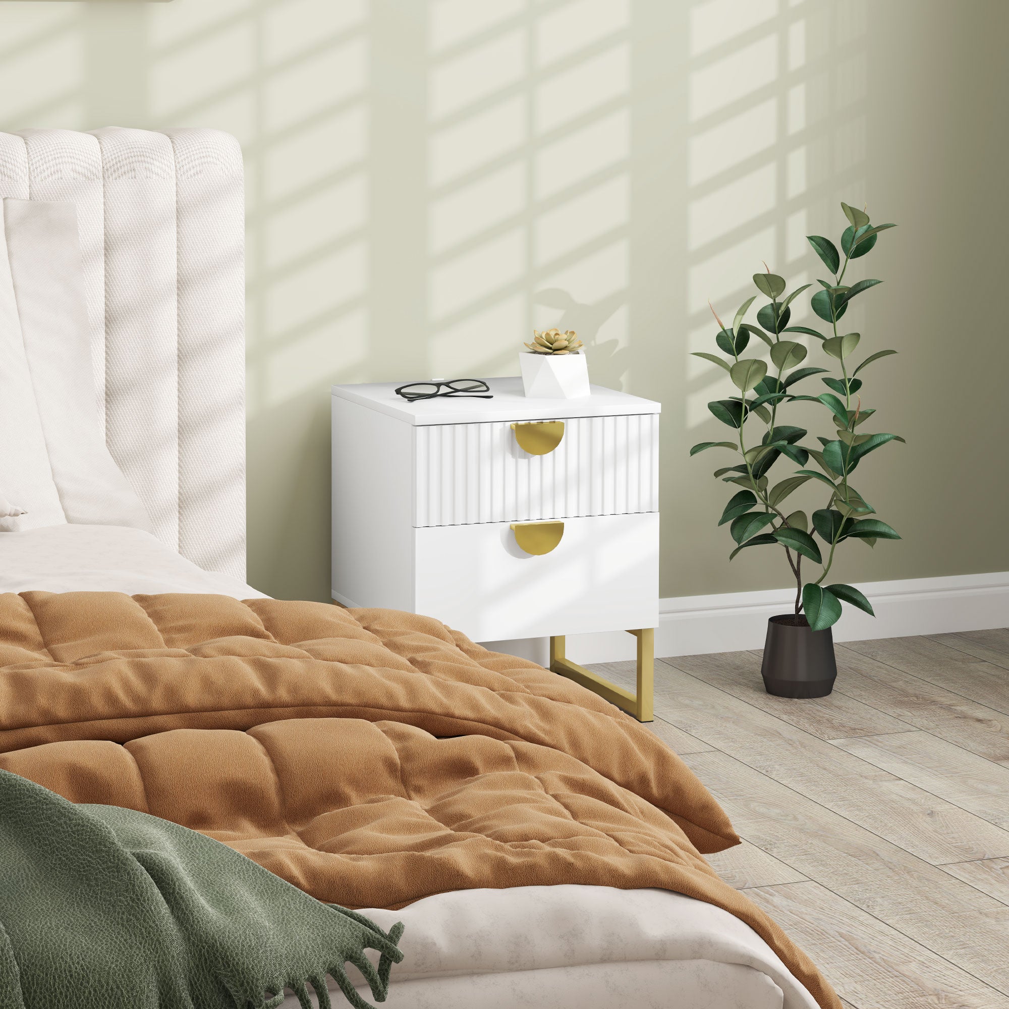 HOMCOM Elegant Two-Drawer Bedside Table - White - North Peak Garden Furniture