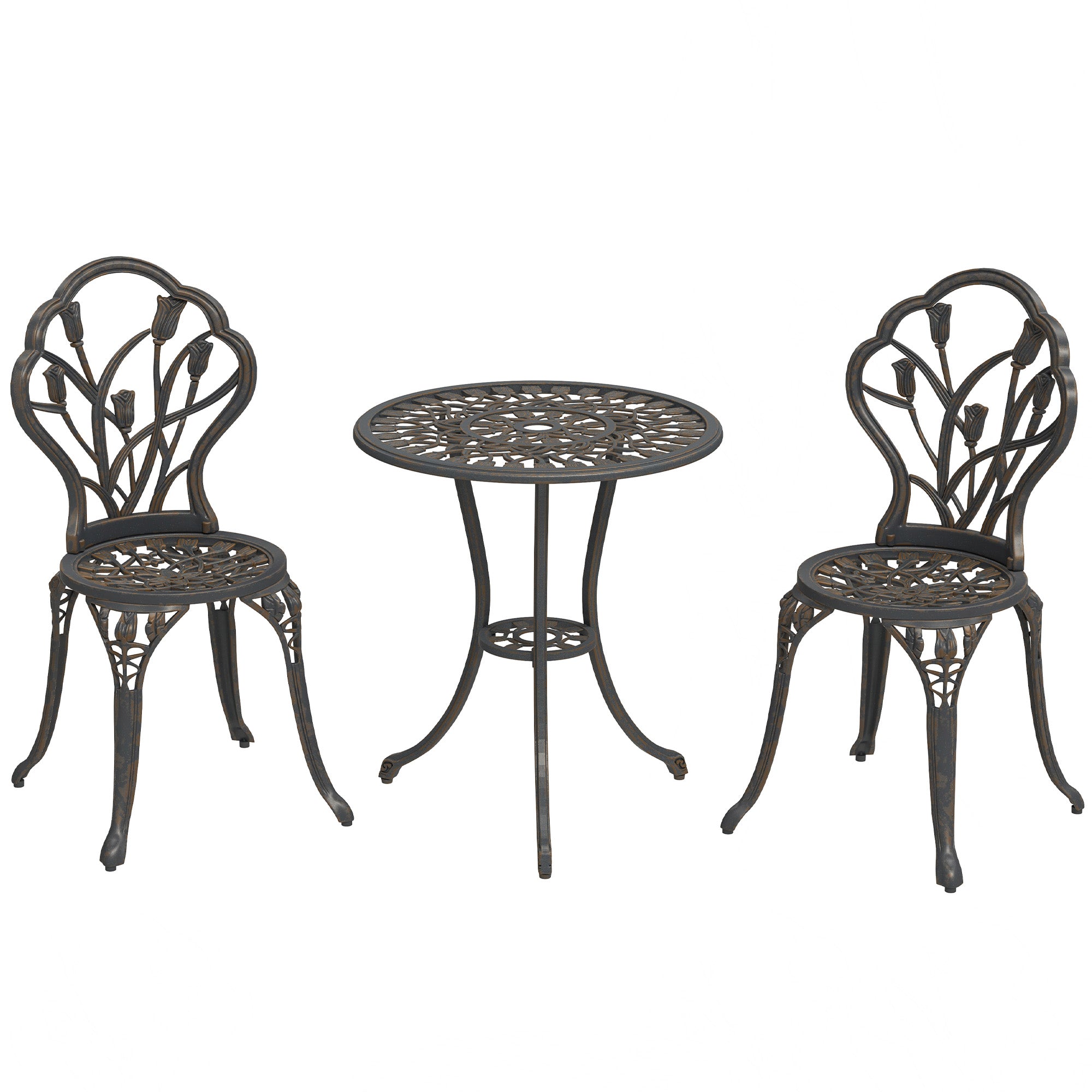 Outsunny 3 Piece Patio Bistro Set for 2, Outdoor Aluminium Garden Table and Chairs with Umbrella Hole for Balcony, Bronze Tone - North Peak Garden Furniture