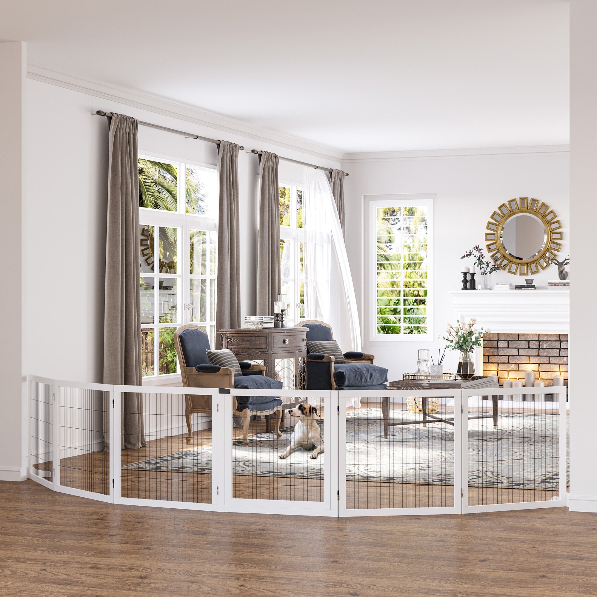 PawHut Wooden Pet Gate, Freestanding Dog Safety Barrier, w/ 2 Support Feet, White - North Peak Garden Furniture
