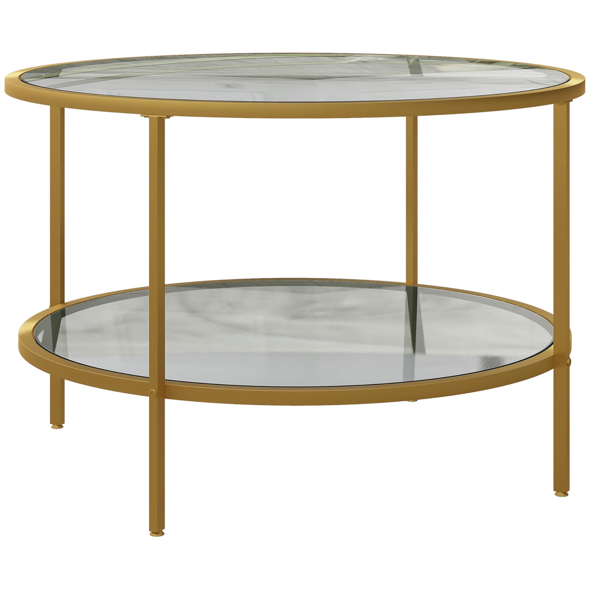 HOMCOM Round Coffee Table with Storage, 2-Tier Tempered Glass Coffee Table with Steel Frame for Living Room, Gold Tone - North Peak Garden Furniture