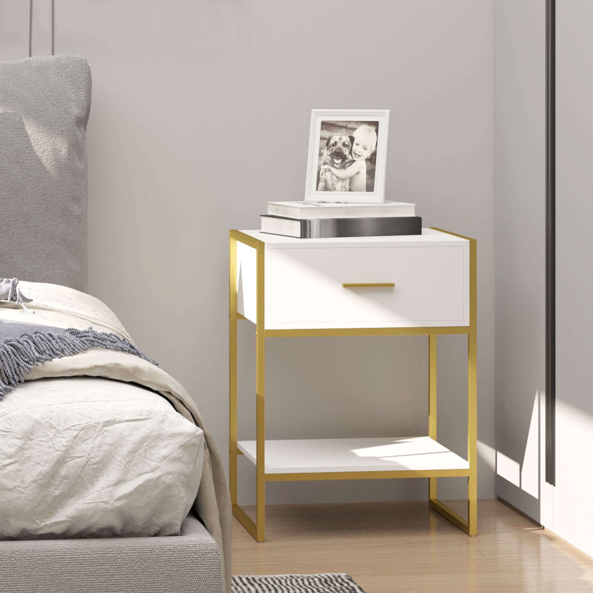 HOMCOM Bedside Table, Modern Side Table with Drawer and Shelf, Nightstand for Bedroom, White - North Peak Garden Furniture