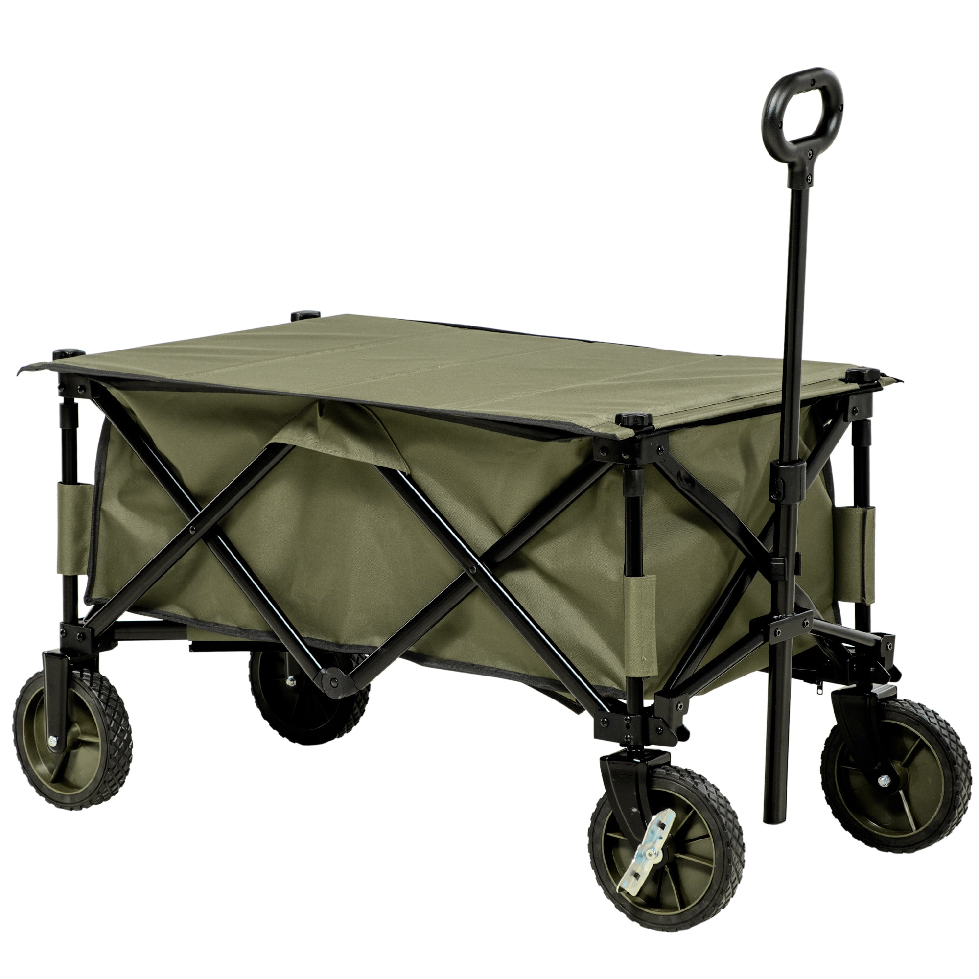 Outsunny Folding Garden Trolley, Cargo Trailer on Wheels, Collapsible Camping Trolley with Folding Board, Outdoor Utility Wagon with Steel Frame and Oxford Fabric, Green - North Peak Garden Furniture