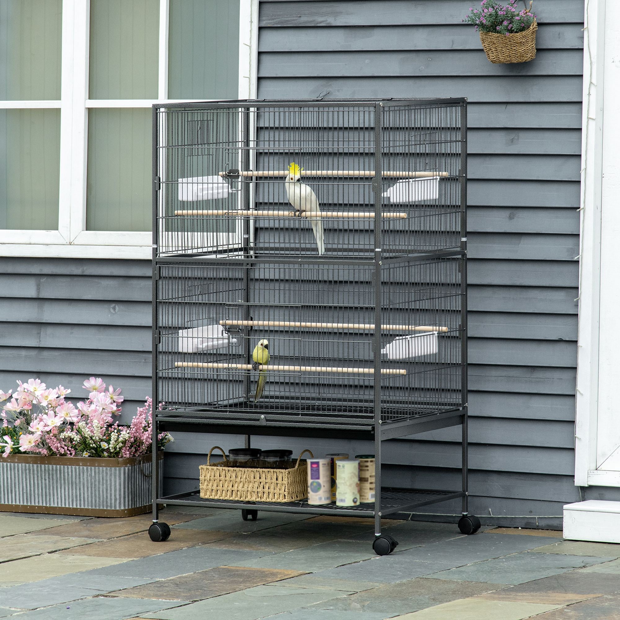 PawHut Large Bird Cage Budgie Cage for Finch Canaries Parakeet with Rolling Stand, Slide-out Tray, Storage Shelf, Food Containers, Dark Grey - North Peak Garden Furniture