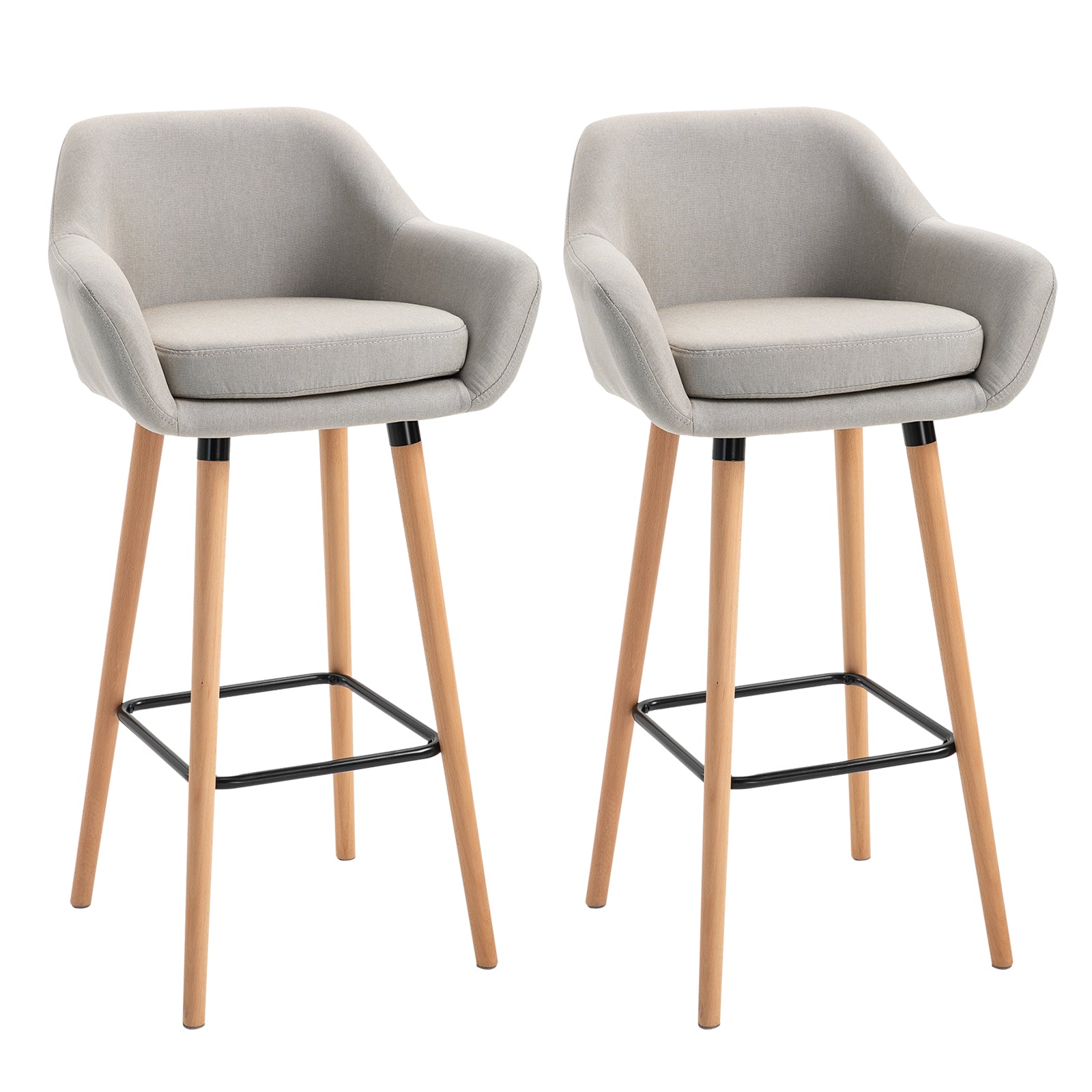 HOMCOM Set of 2 Bar Stools Modern Upholstered Seat Bar Chairs w/ Metal Frame, Solid Wood Legs Living Room Dining Room Fabric Furniture - Beige - North Peak Garden Furniture