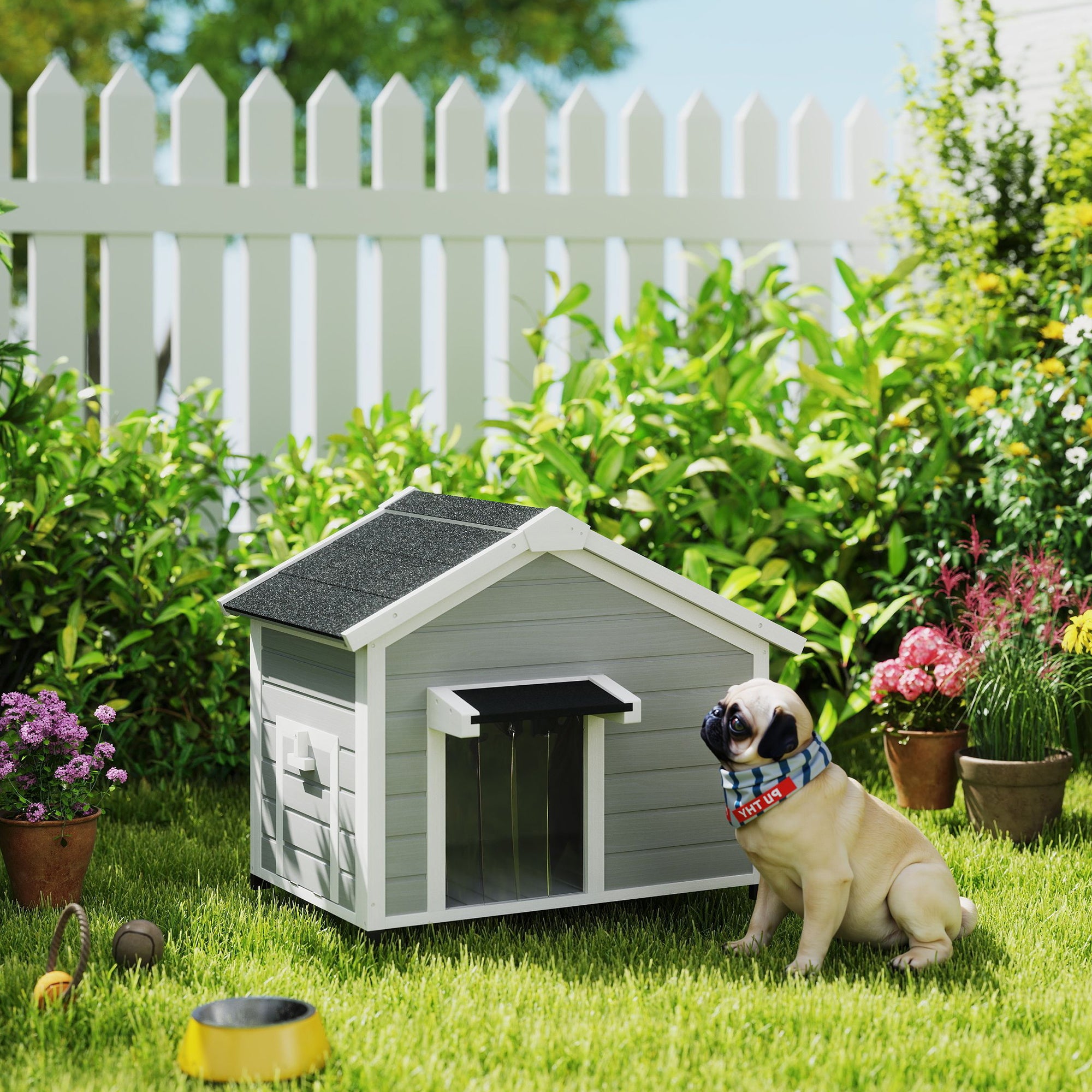PawHut Wooden Dog House Outdoor with Openable Roof, Removable Floor, Curtain, Elevated Feet, for Medium Dogs, Light Grey - North Peak Garden Furniture