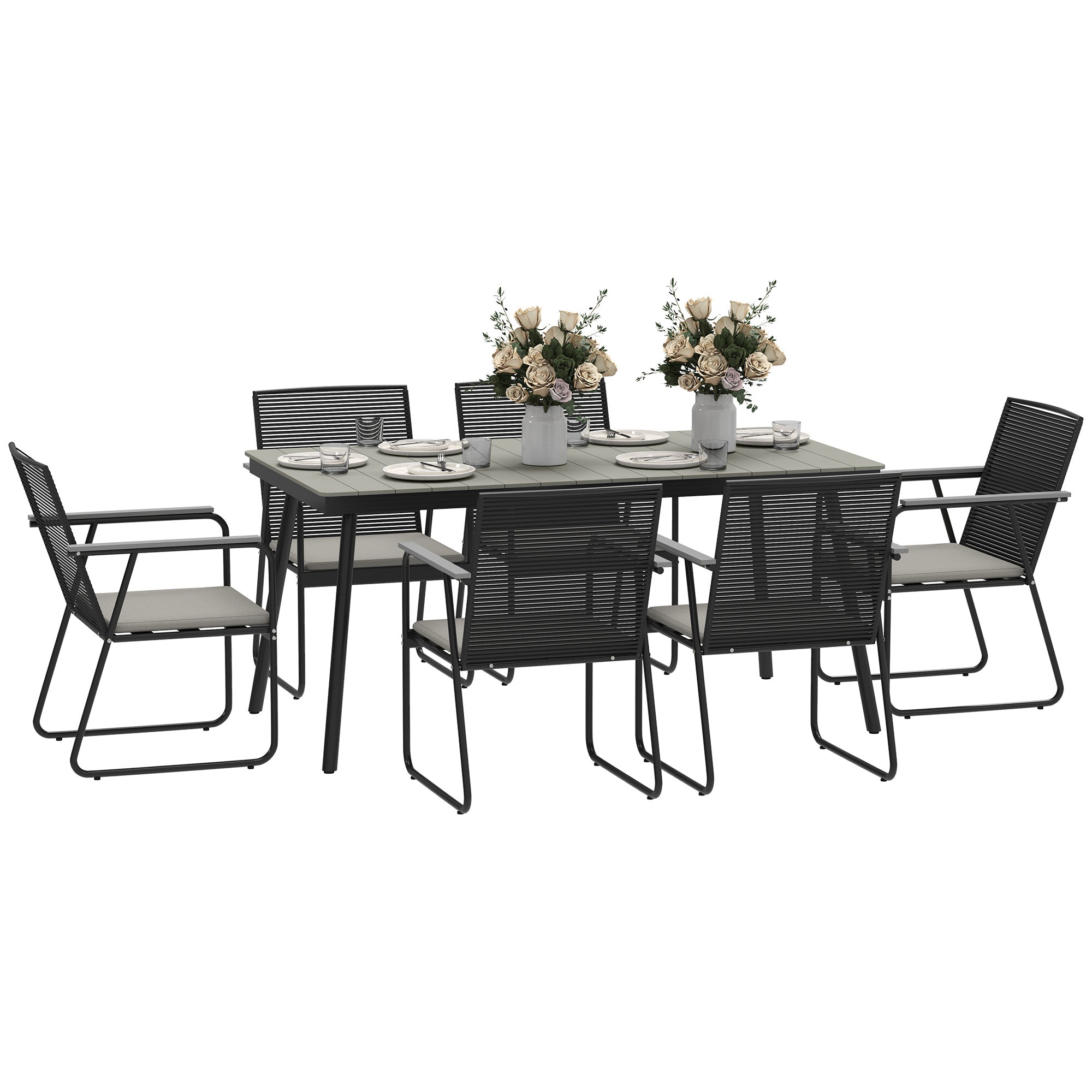 Outsunny 6 Seater Garden Dining Set with Soft Cushions, Rattan Backrest, Rectangular Plastic Top, Garden Furniture Set, Outdoor Dining Table and Chairs for Patio, Balcony, Poolside, Grey - North Peak Garden Furniture