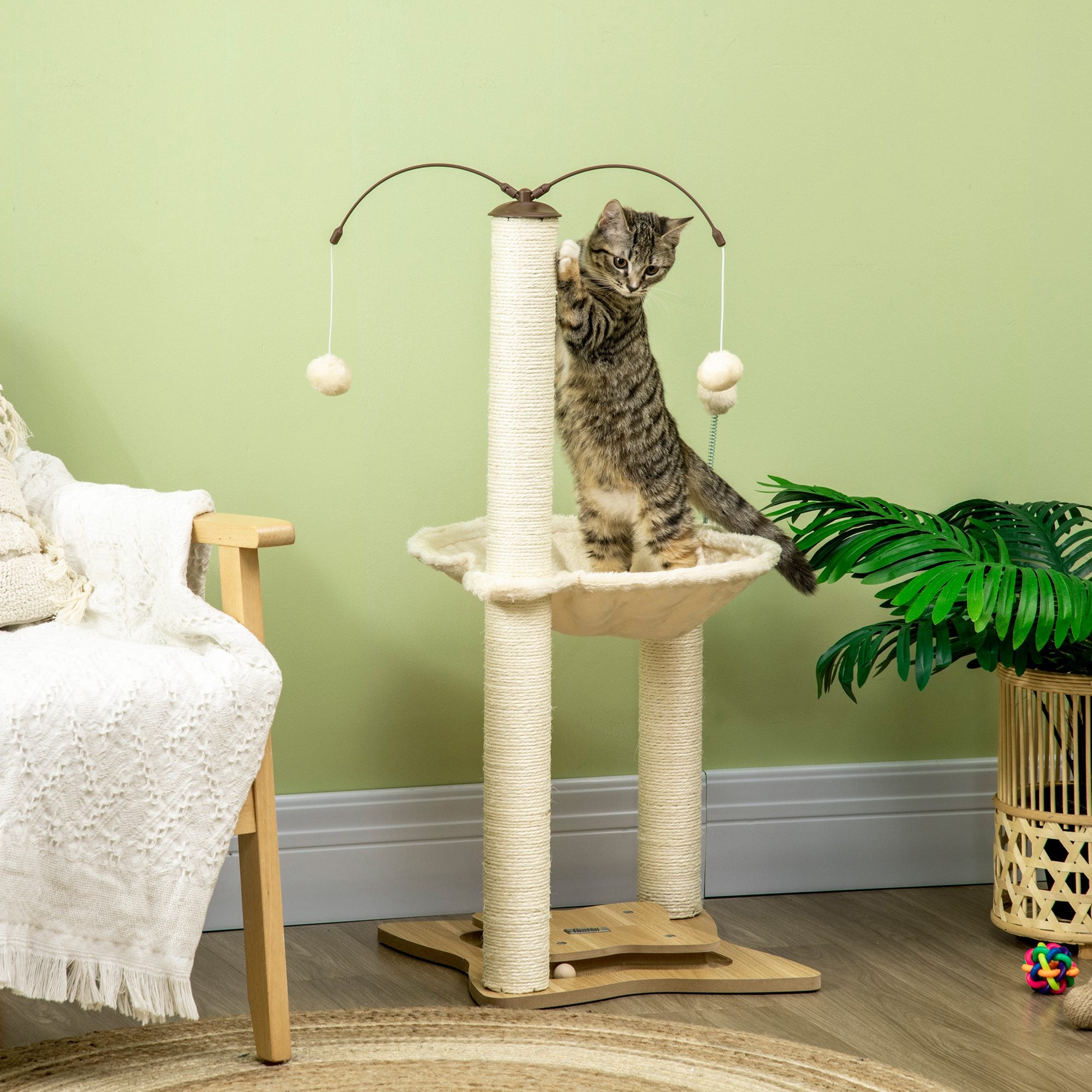 PawHut Cat Tree, with Scratching Posts, Hammock, Toy Ball - Beige - North Peak Garden Furniture