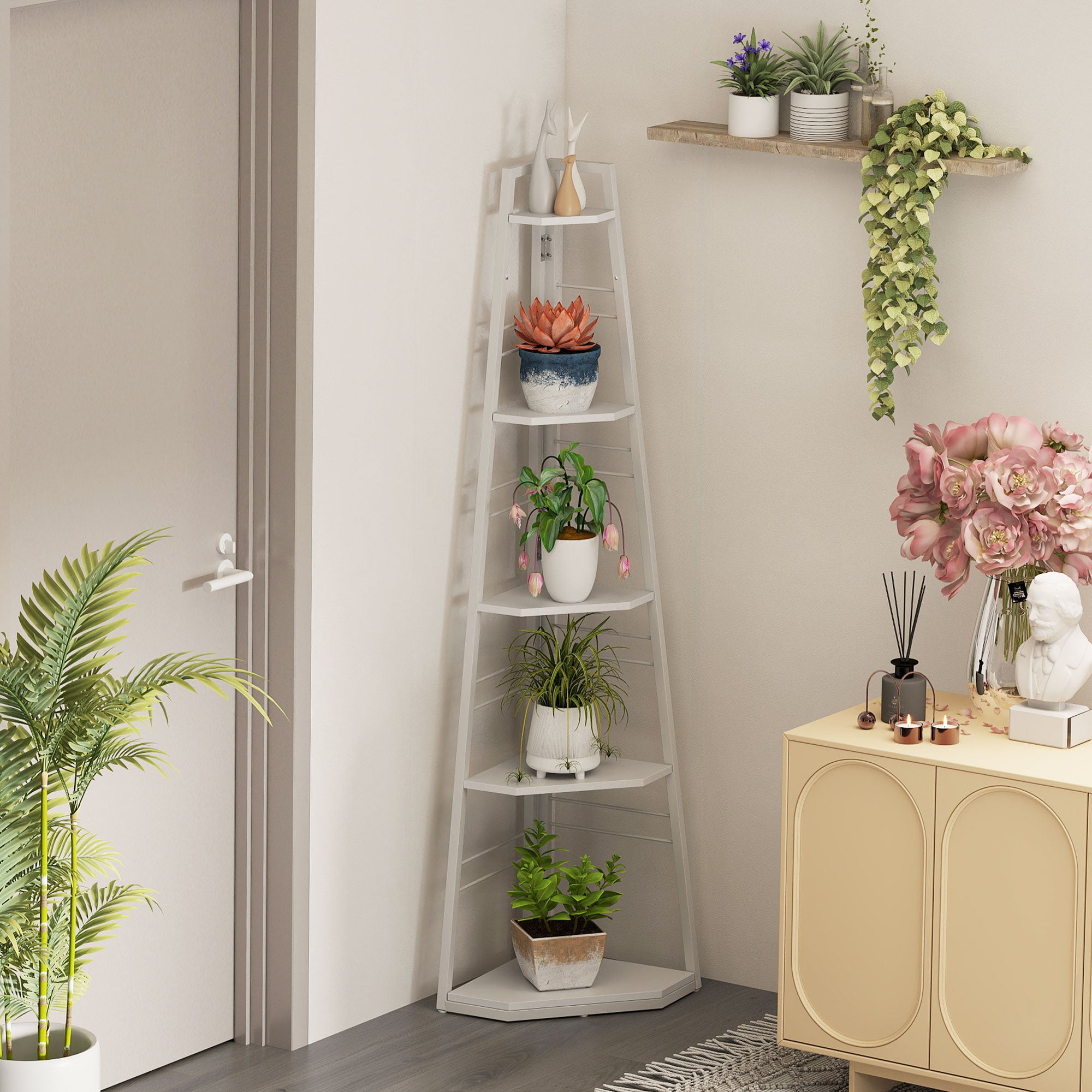 HOMCOM Five-Tier Corner Shelf - White - North Peak Garden Furniture