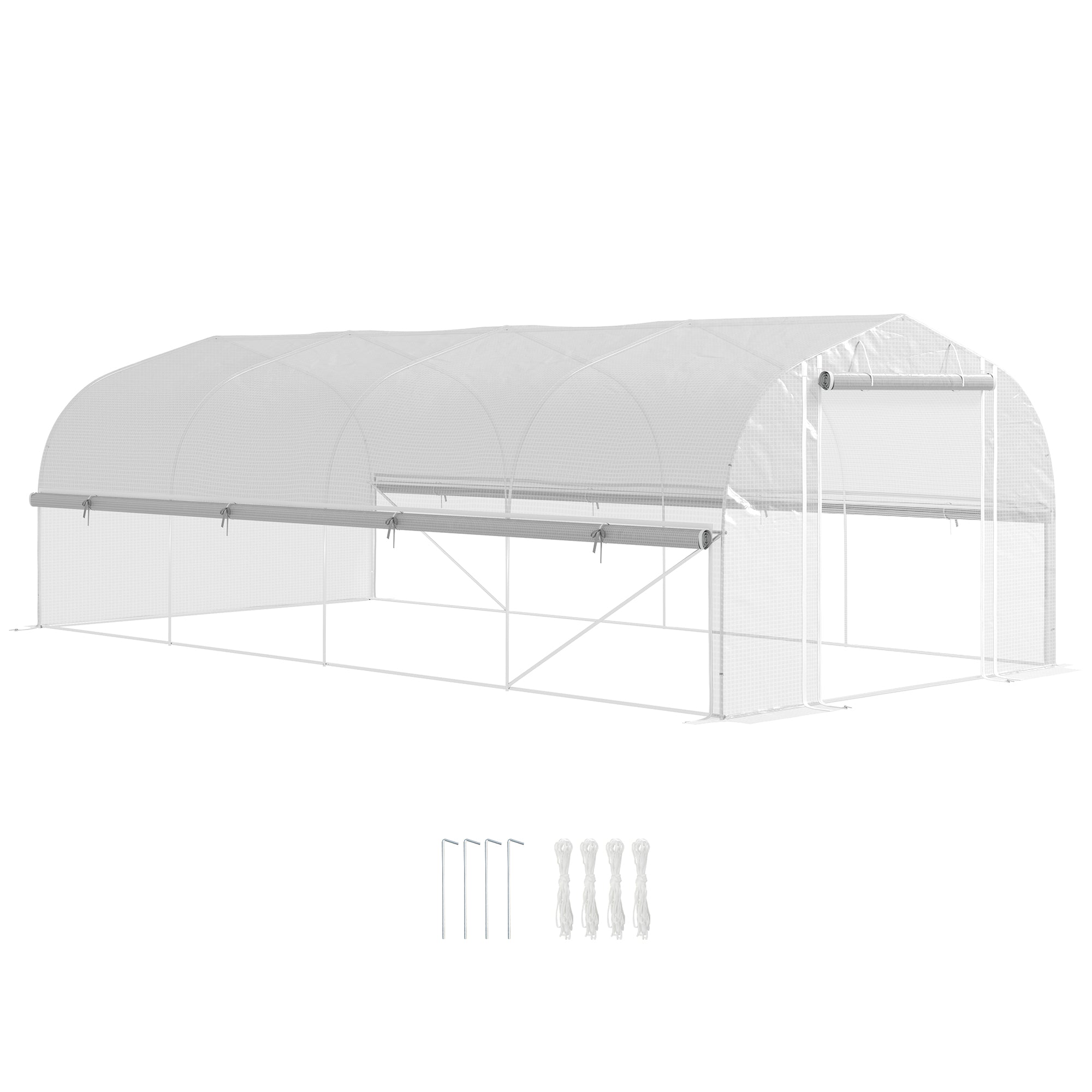 Outsunny 6 x 3 x 2m Walk-in Polytunnel Greenhouse, Zipped Roll Up Sidewalls, Mesh Door, 8 Mesh Windows, Tunnel Warm House Tent with PE Cover, Complimentary Plant Labels and Gloves, White - North Peak Garden Furniture