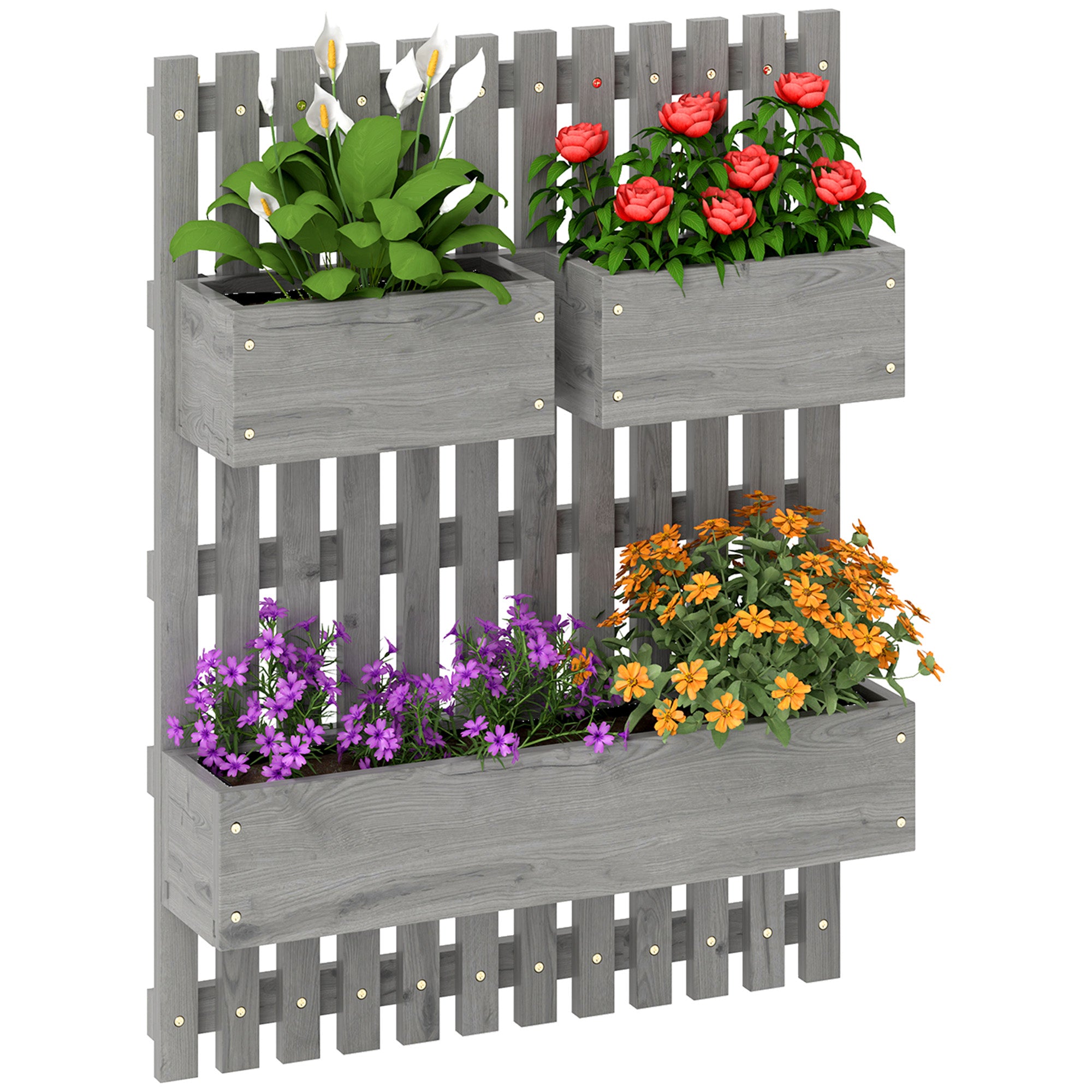 Outsunny Wall-mounted Wooden Garden Planters with Trellis, Drainage Holes and 3 Planter Boxes for Patio, Grey - North Peak Garden Furniture