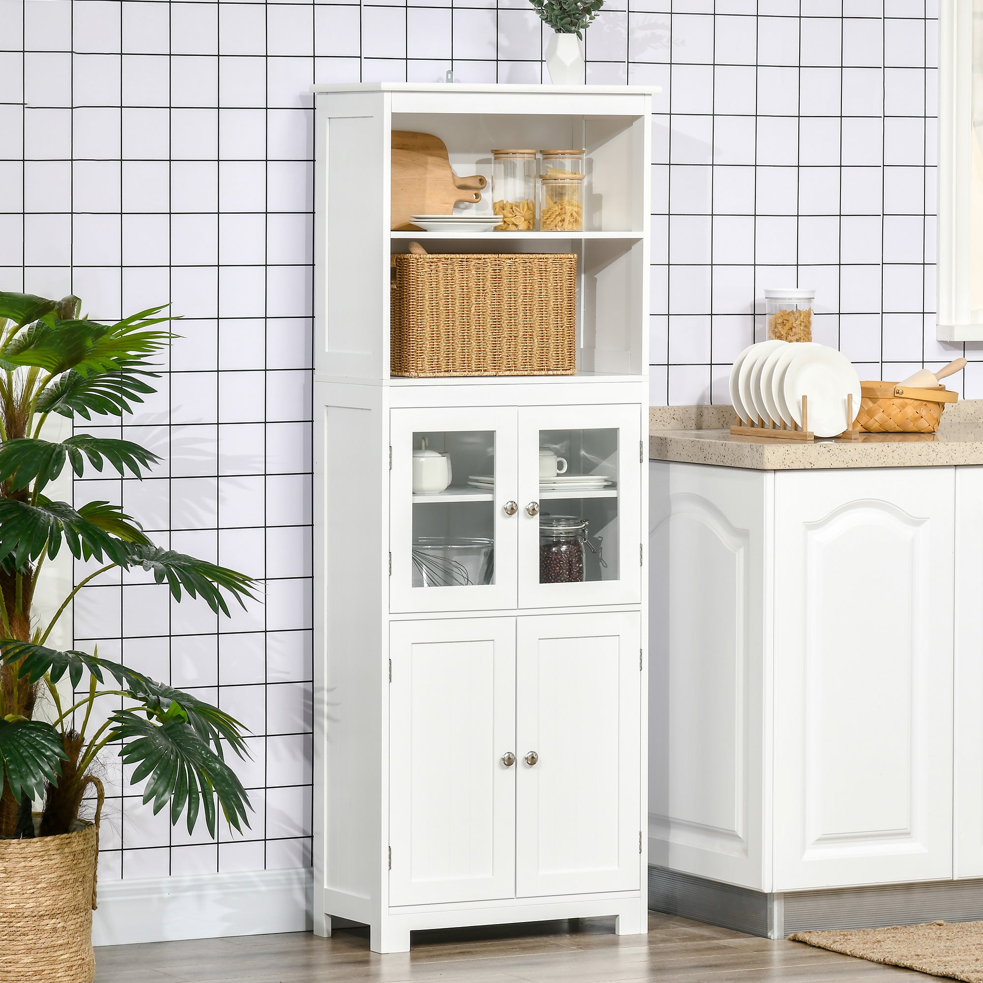 HOMCOM Freestanding Kitchen Cupboard, 4-Door Storage Cabinet with Adjustable Shelf and Glass Doors for Dining Room, Living Room, White - North Peak Garden Furniture