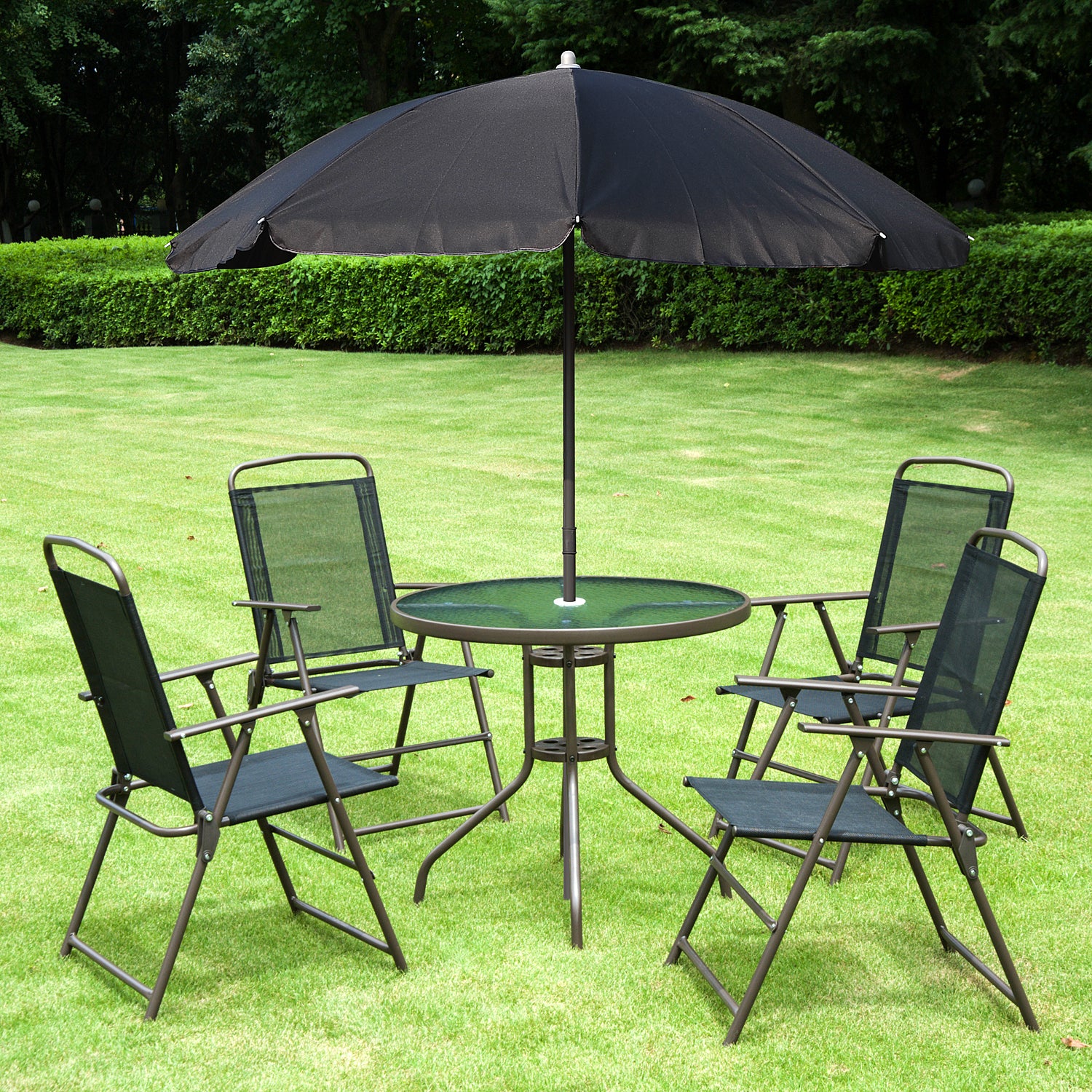 Outsunny 6 Piece Garden Dining Set with Umbrella, Patio Sets with Parasol with 4 Folding Dining Chairs & Round Tempered Glass Table, Black - North Peak Garden Furniture