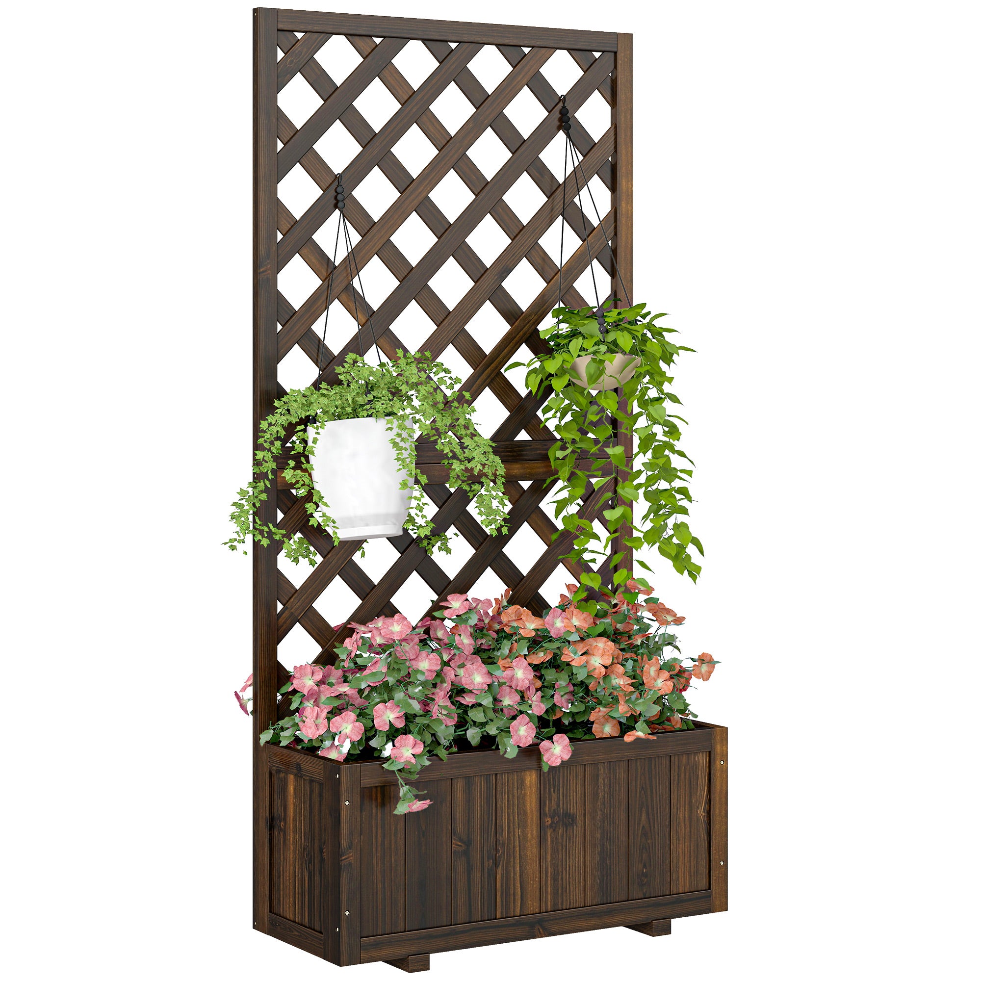Outsunny 72.5 x 31.5 x 149.5 cm 45L Garden Wooden Pine Trough Planter with Topped Trellis Climbing Plants Flower Raised Bed, Carbonised Finish
