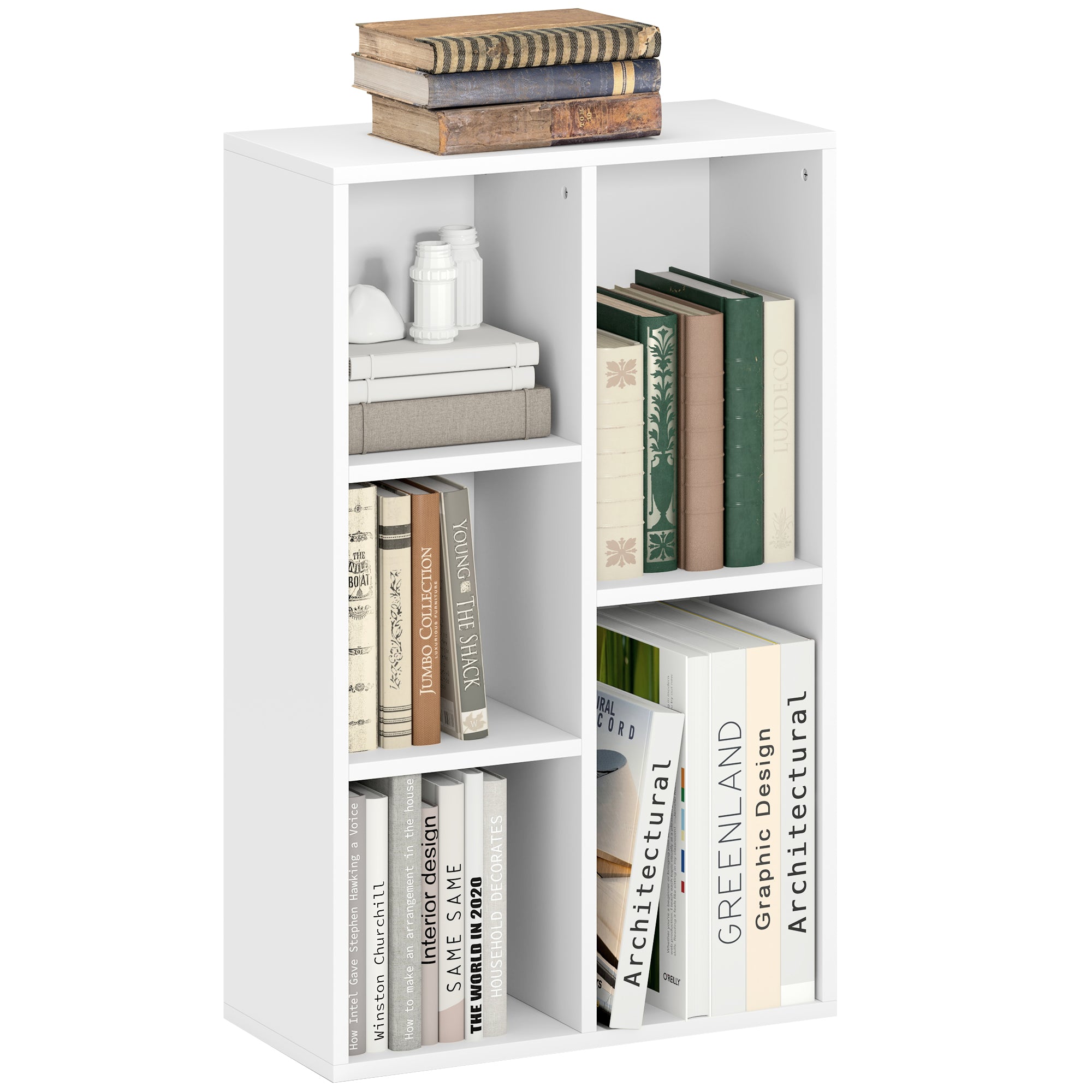 HOMCOM 2-Tier Bookshelf with 5 Compartments - White - North Peak Garden Furniture