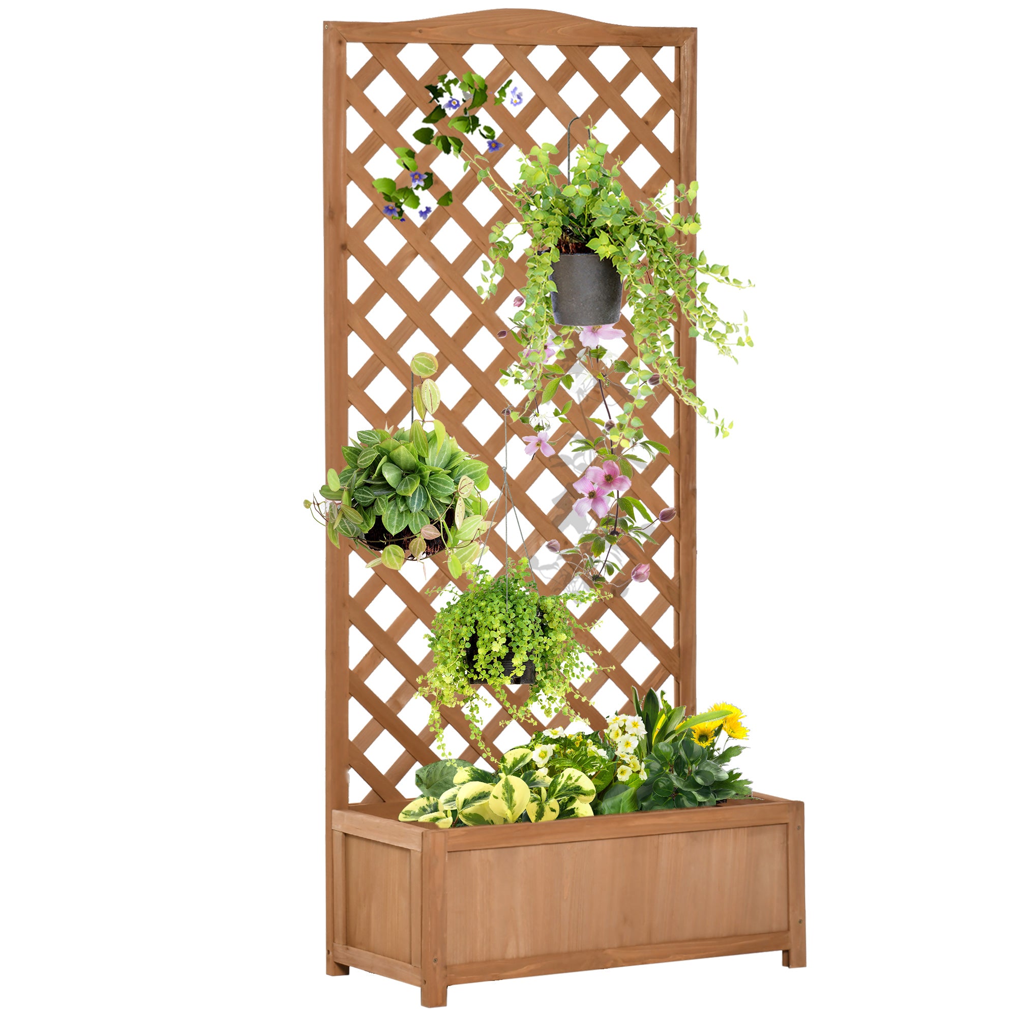 Outsunny 53L Garden Wooden Planter Box with Trellis Free Standing Flower Raised Bed with Lattice for Climbing Plants, 76cm x 36cm x 170cm, Brown - North Peak Garden Furniture