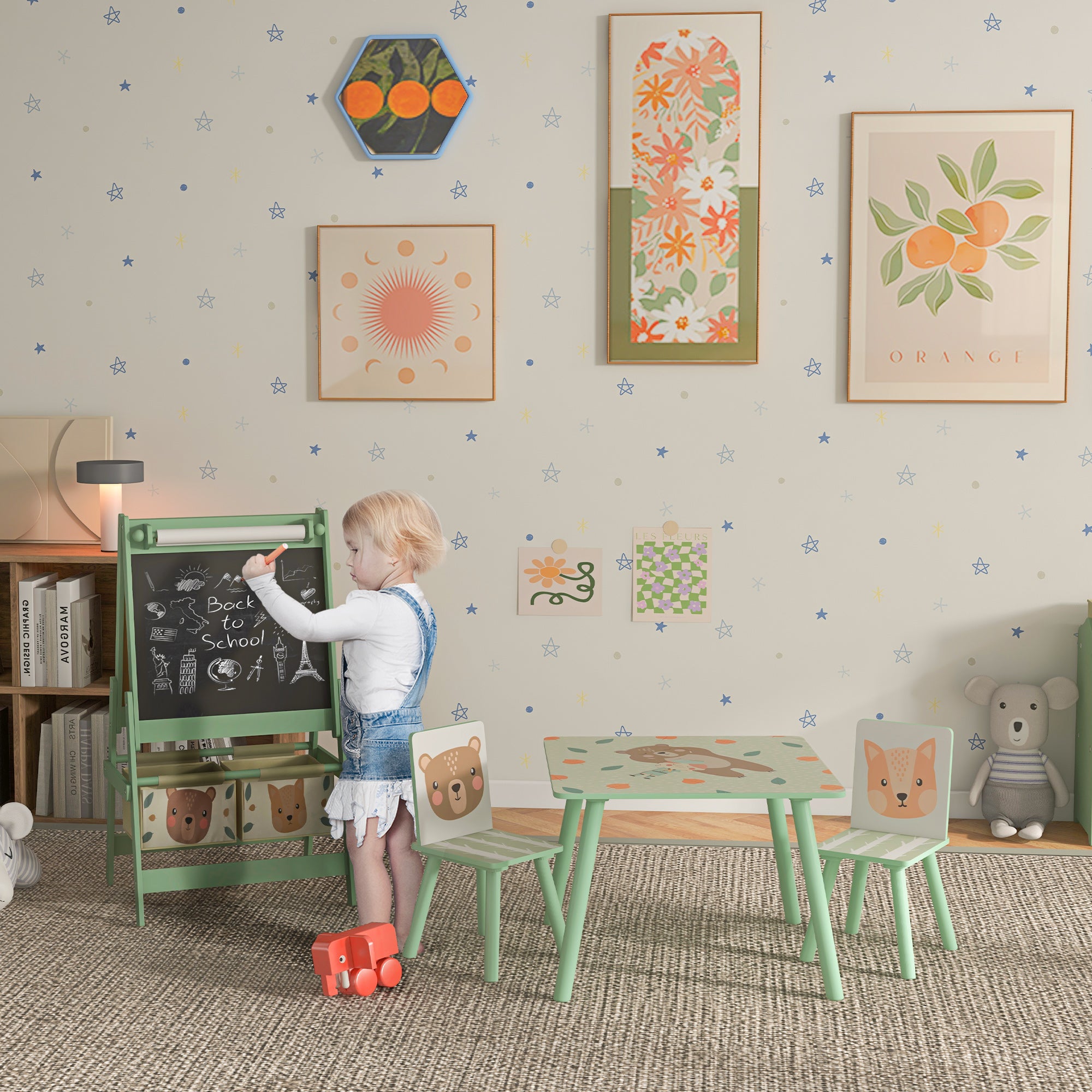 ZONEKIZ Kids Table and Chair Set and Kids Easel with Paper Roll, Storage Baskets, Kids Activity Furniture Set, Green