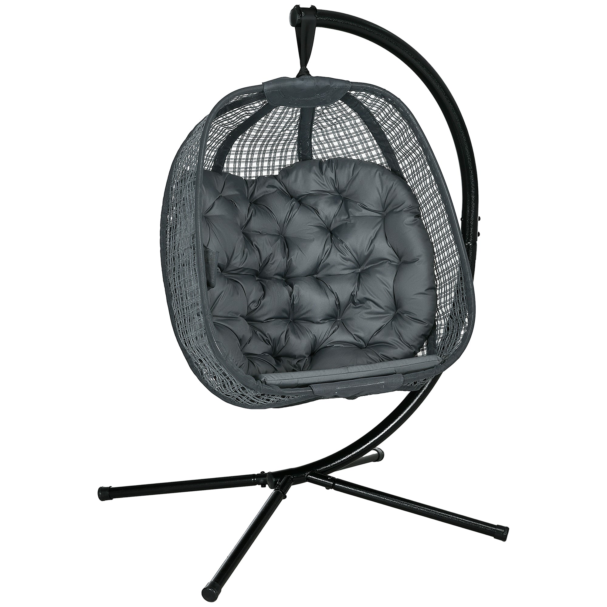 Outsunny Outdoor Swing Chair with Thick Padded Cushion, Patio Hanging Chair with Metal Stand, Egg Chair with Foldable Basket, Cup Holder, for Indoor and Outdoor, Dark Grey - North Peak Garden Furniture