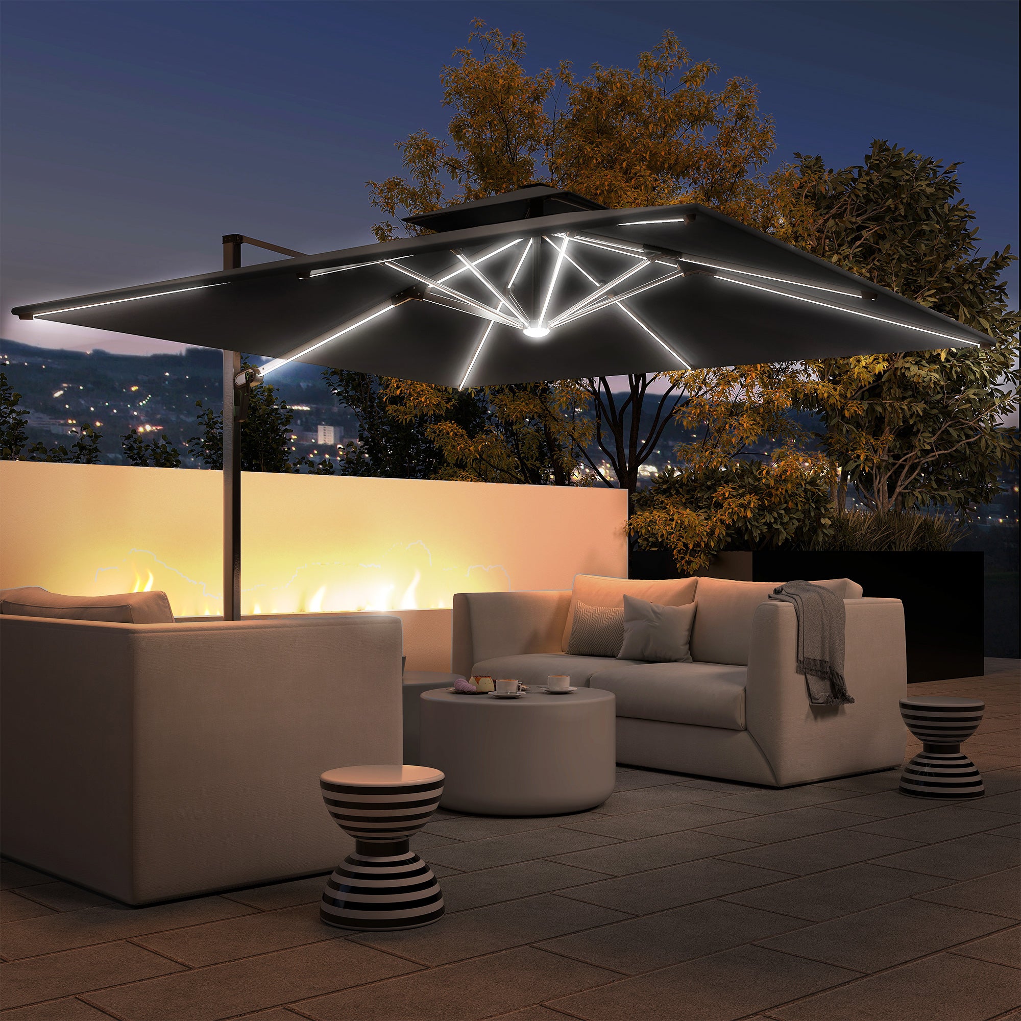 Outsunny 3(m) Garden Cantilever Parasol with Solar LED Lights, Cross Base, 360° Rotation, Crank Handle and Tilt, Grey - North Peak Garden Furniture