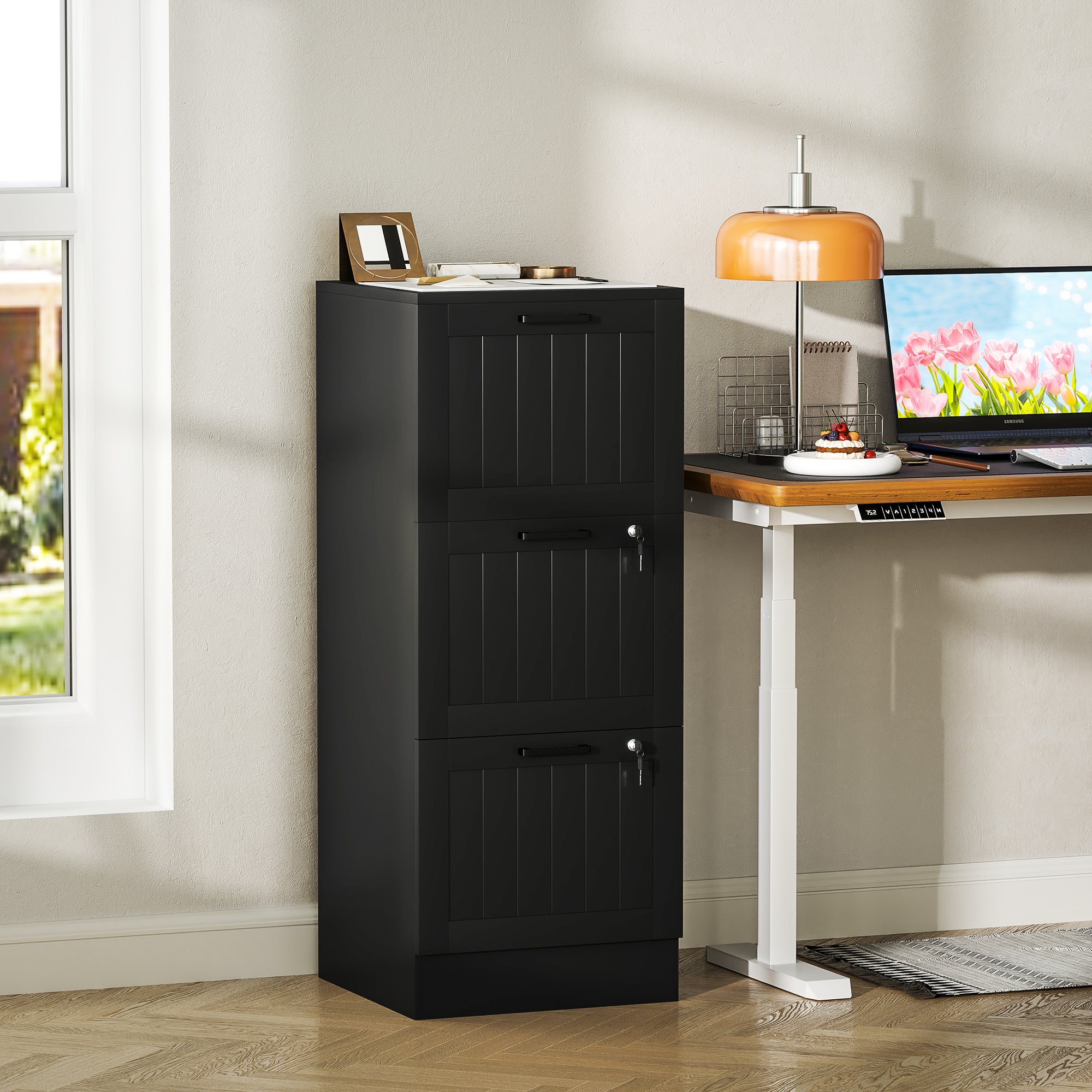HOMCOM 3 Drawer Filing Cabinet with Lock, Office Storage Cabinet with Adjustable Hanging Bars for A4 Letter Size Files, Black