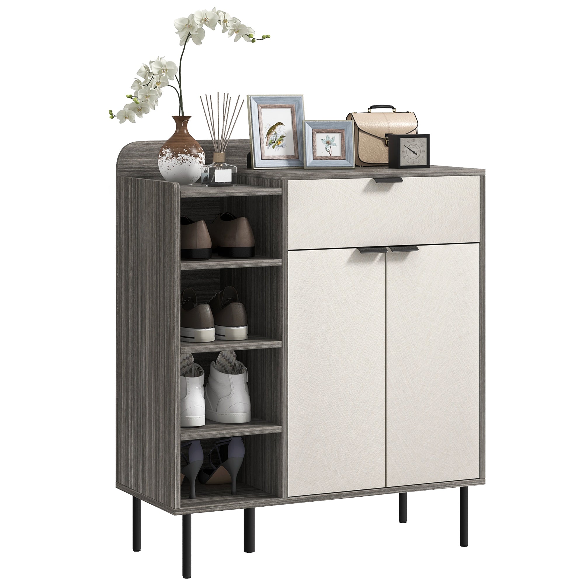 HOMCOM Modern and Minimal 12 Shoe Storage Cabinet - Grey/White - North Peak Garden Furniture
