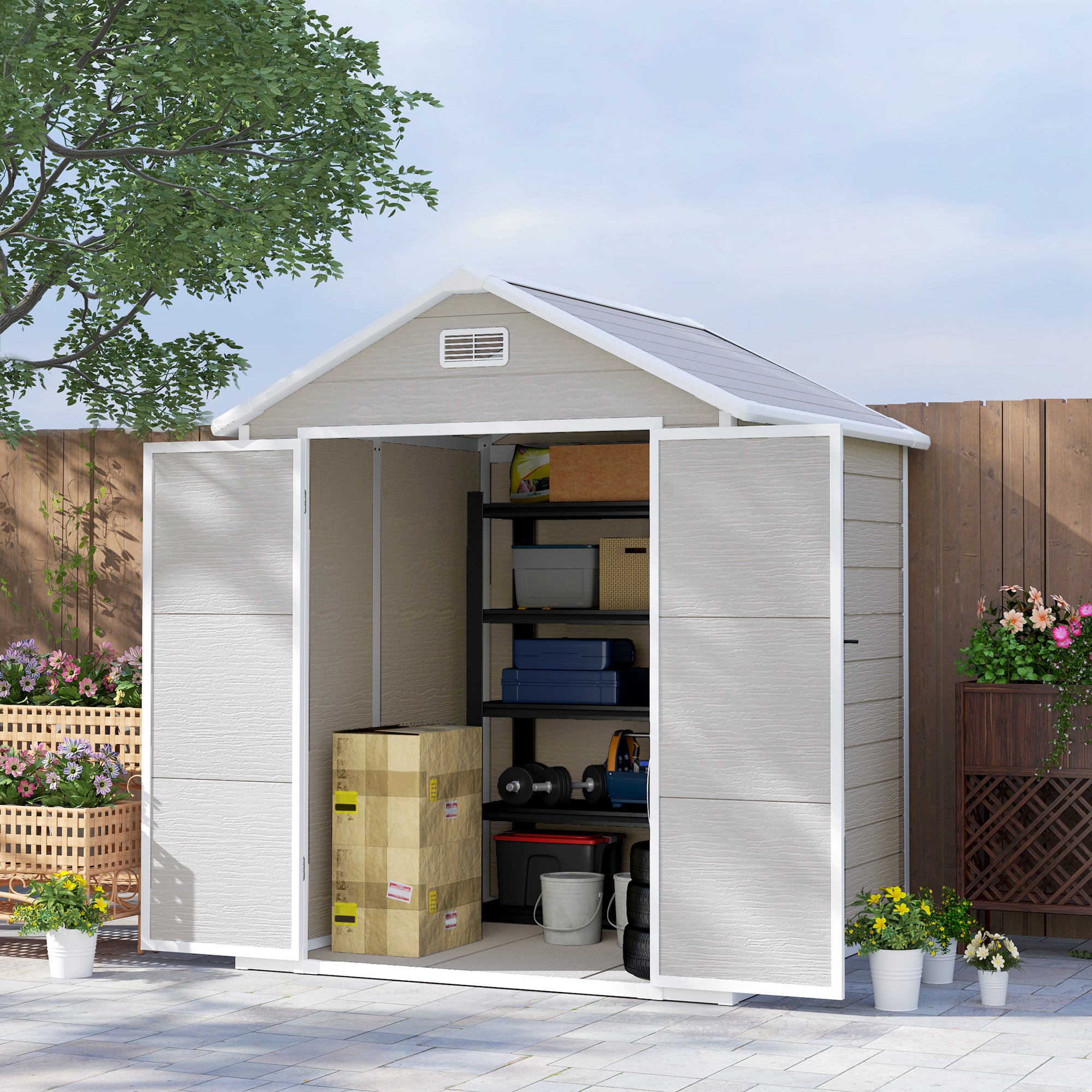 Outsunny 6 x 5ft Garden Shed, Plastic Shed with Floor, Window, Lockable Doors and Vents, Wood Effect Resin Tool Shed for Outdoor Patio, Light Grey - North Peak Garden Furniture