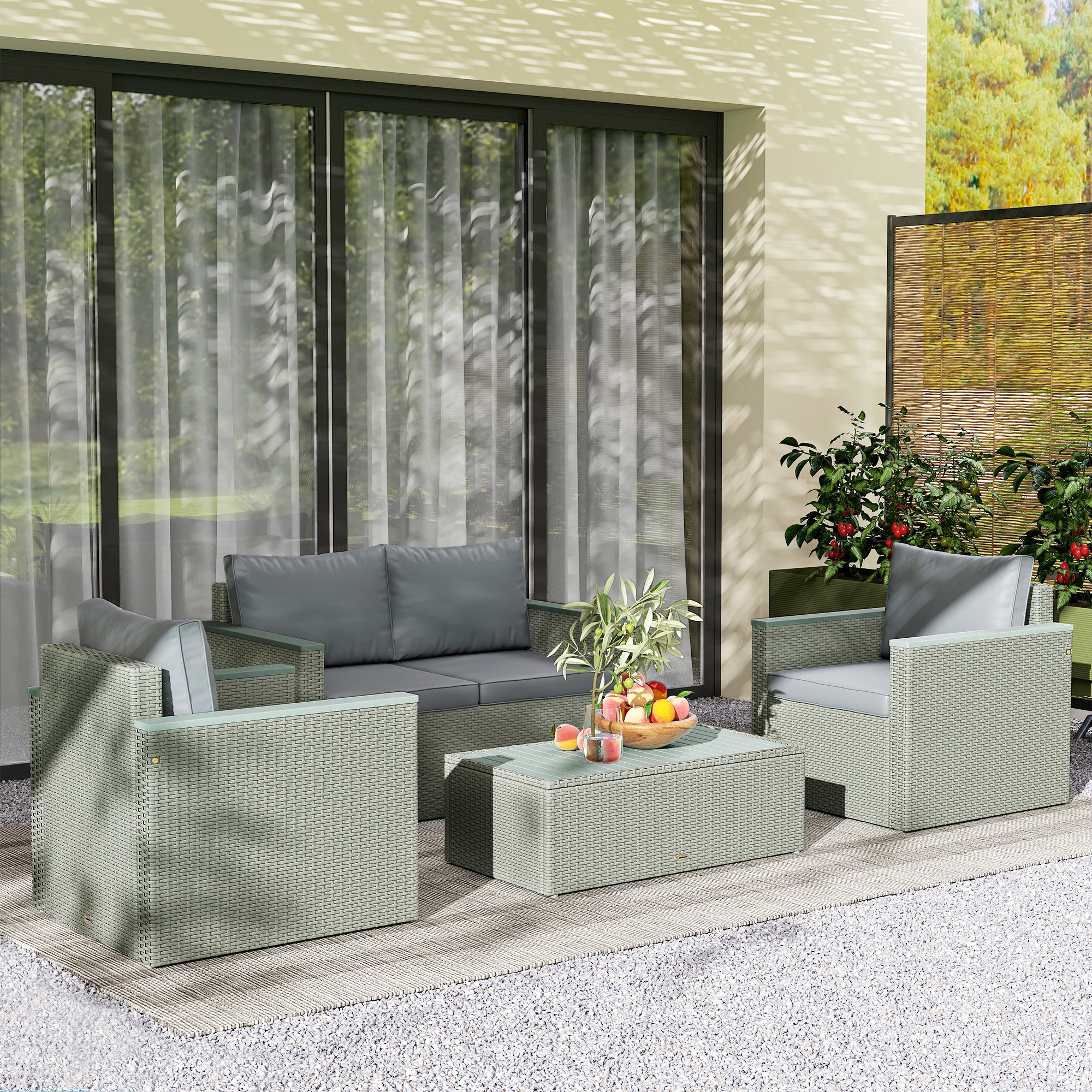 Outsunny 4 Piece Rattan Garden Furniture Set, 4 Seater Wicker Outdoor Sofa Set with 2 Armchairs, Loveseat, Acacia Wood Top Coffee Table, Cushions, Patio Conservatory Set for Balcony, Light Grey - North Peak Garden Furniture