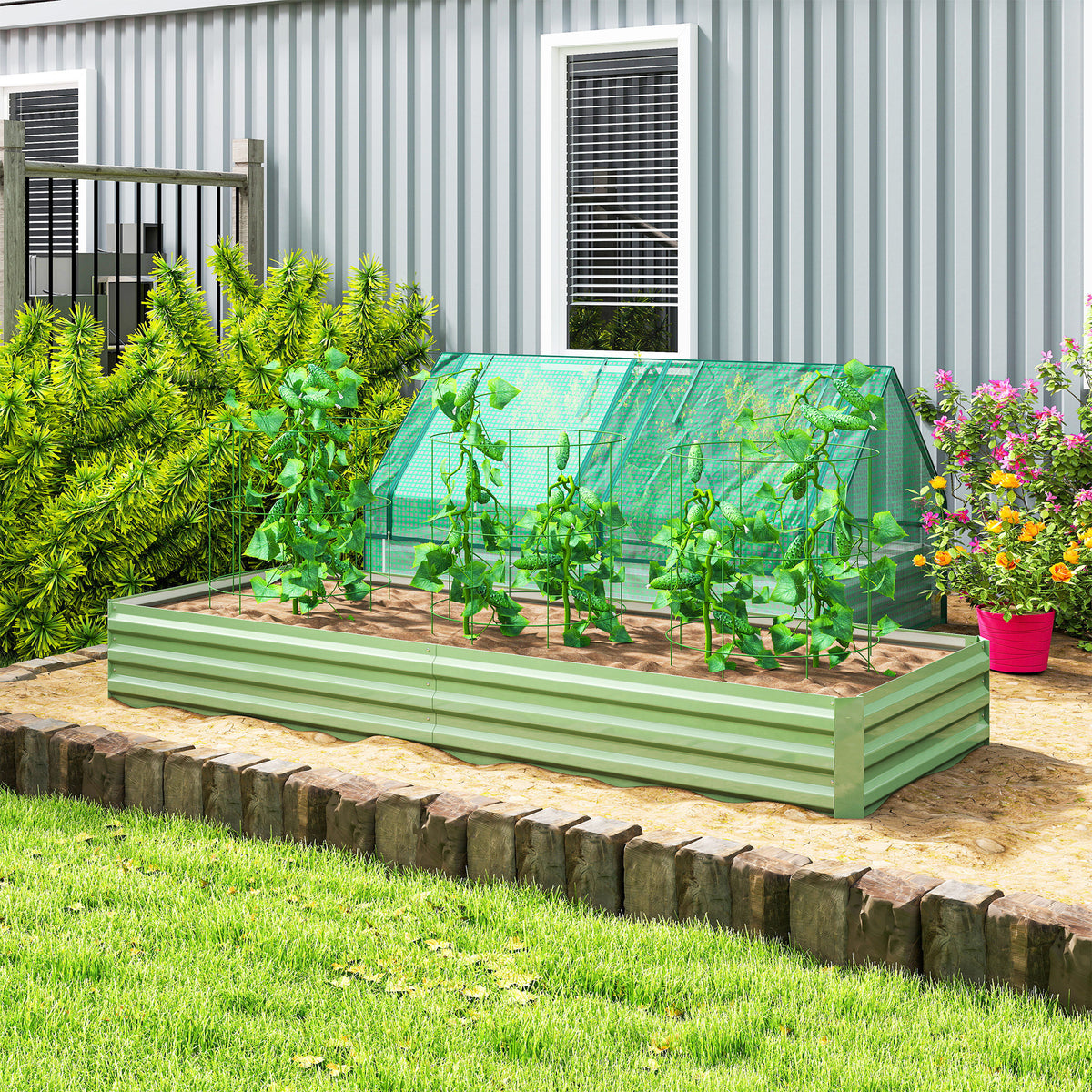 Outsunny Metal Raised Garden Bed Planter Box Outdoor Planters for Growing Flowers, Herbs, Green, Light Green