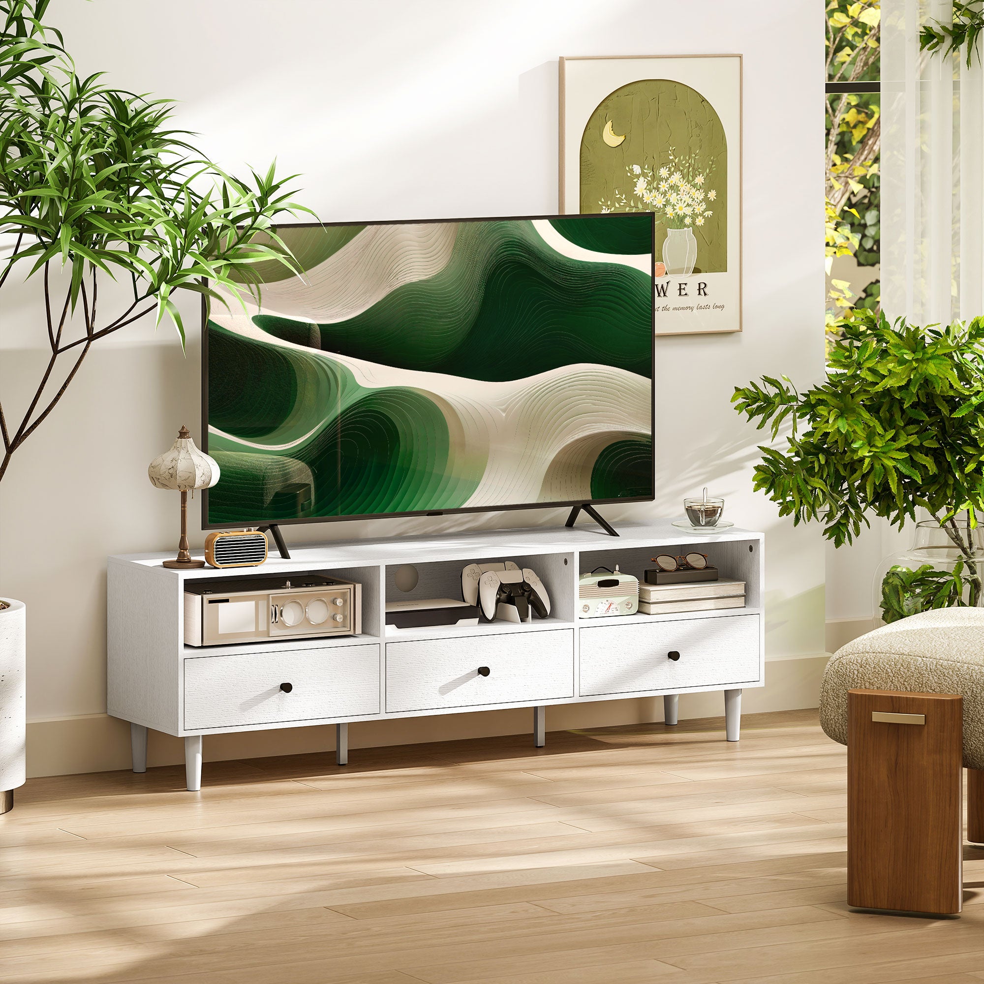 HOMCOM Multi-Storage Minimal TV Stand - White - North Peak Garden Furniture