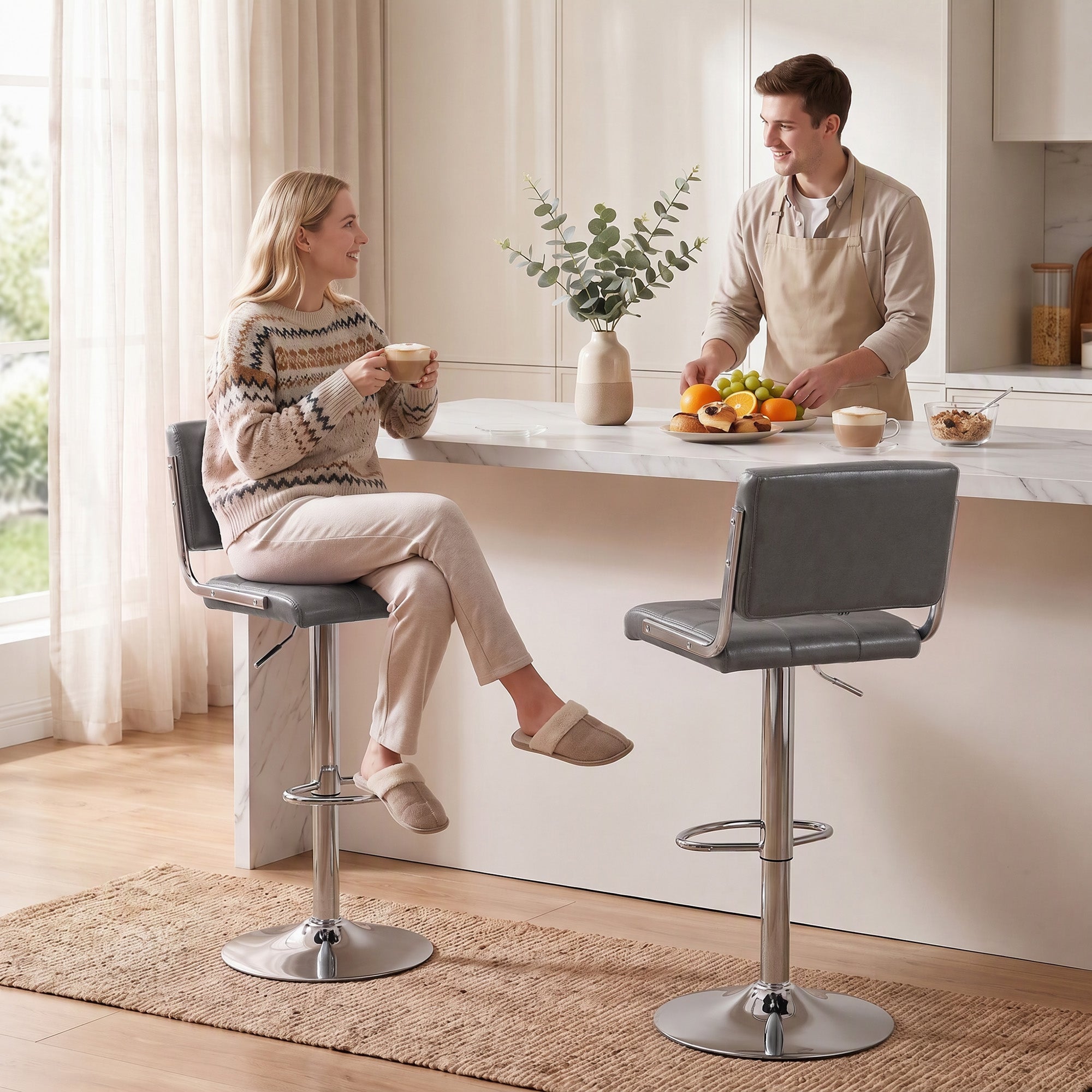 HOMCOM Bar Stools Modern PU Leather Adjustable Breakfast Bar Stools Backrest Set of 2 Grey