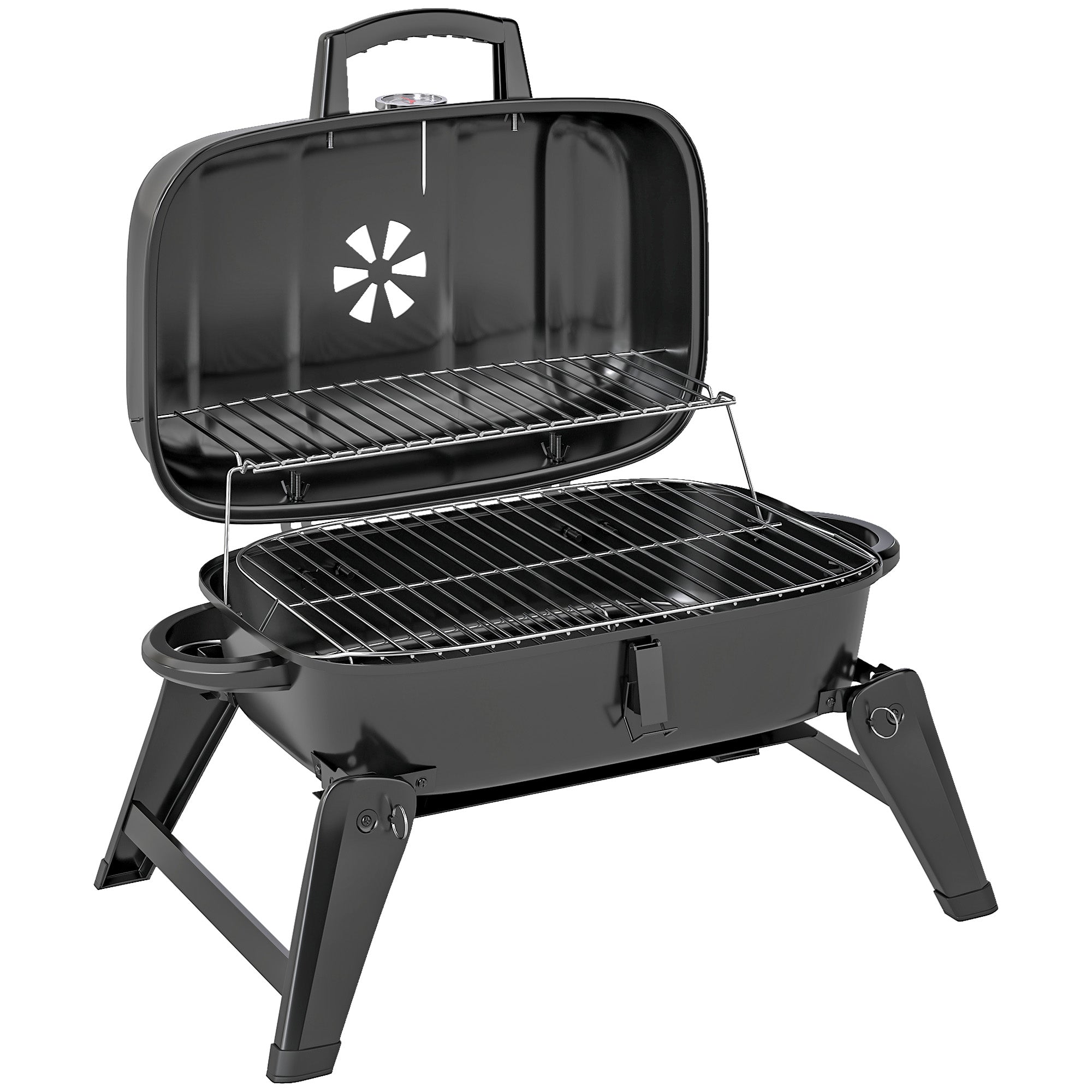 Outsunny Charcoal Barbecue Grill Folding BBQ Grill with 1232 cm² Cooking Area, Adjustable Vent, Thermometer, Handles for Camping Picnic, Black - North Peak Garden Furniture