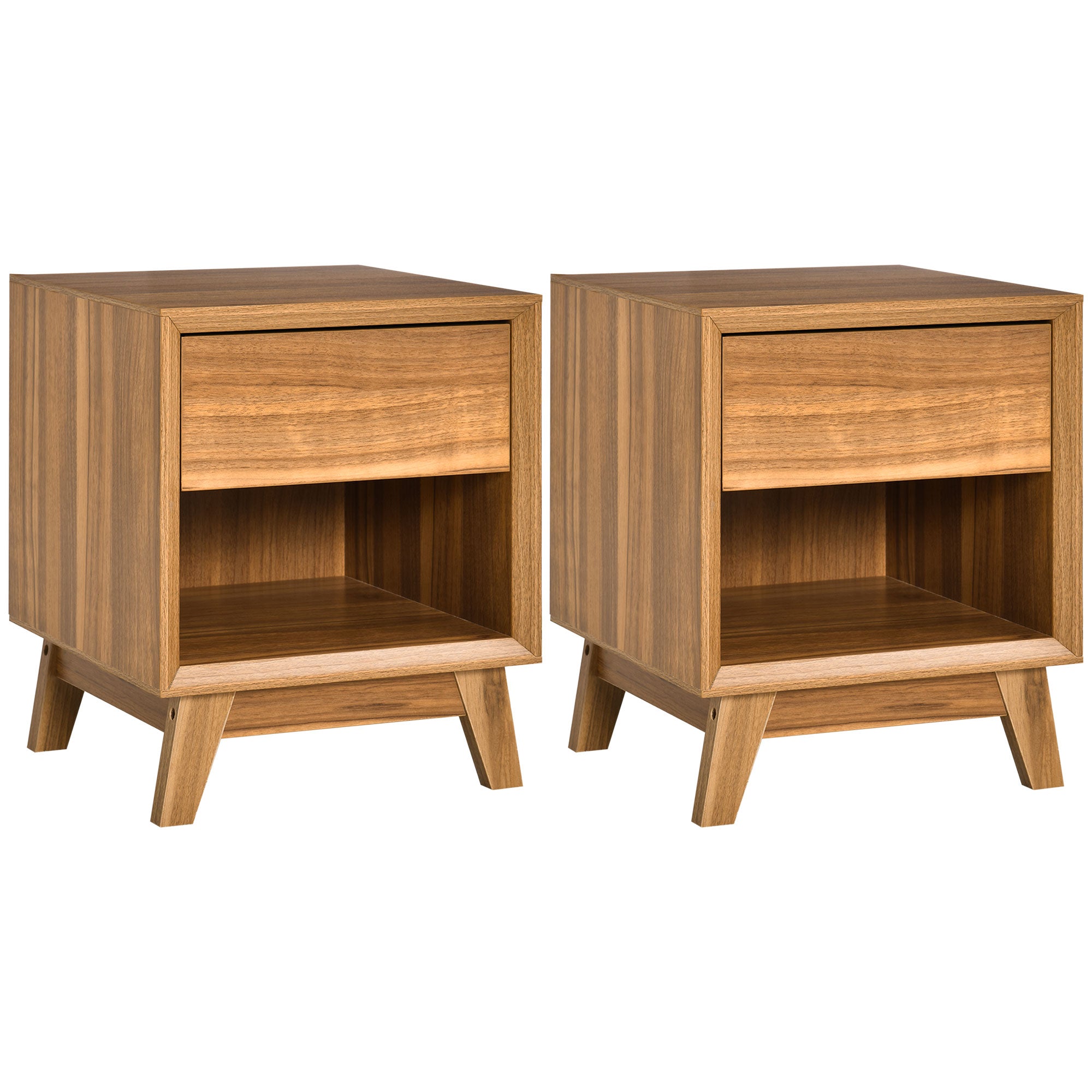HOMCOM Modern Bedside Table Nightstand, Living Room End Table, Side Table with Drawer and Shelf, Set of 2, Walnut Brown - North Peak Garden Furniture