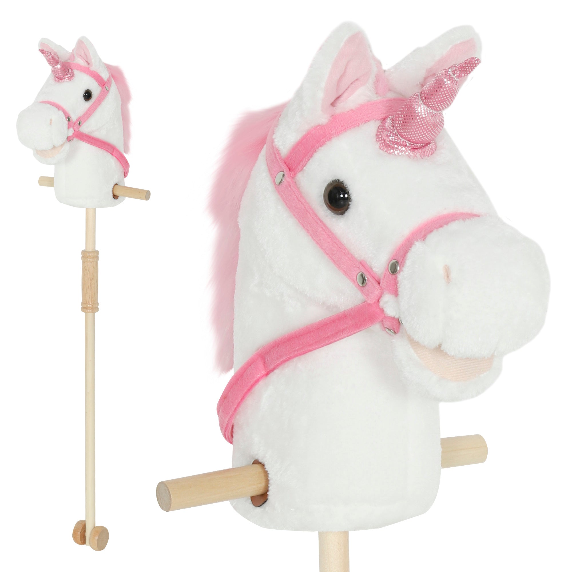 AIYAPLAY Unicorn Stick Horse with Wood Wheels, Real Pony Neighing and Galloping Sounds, Grip Handle, 95 cm, White