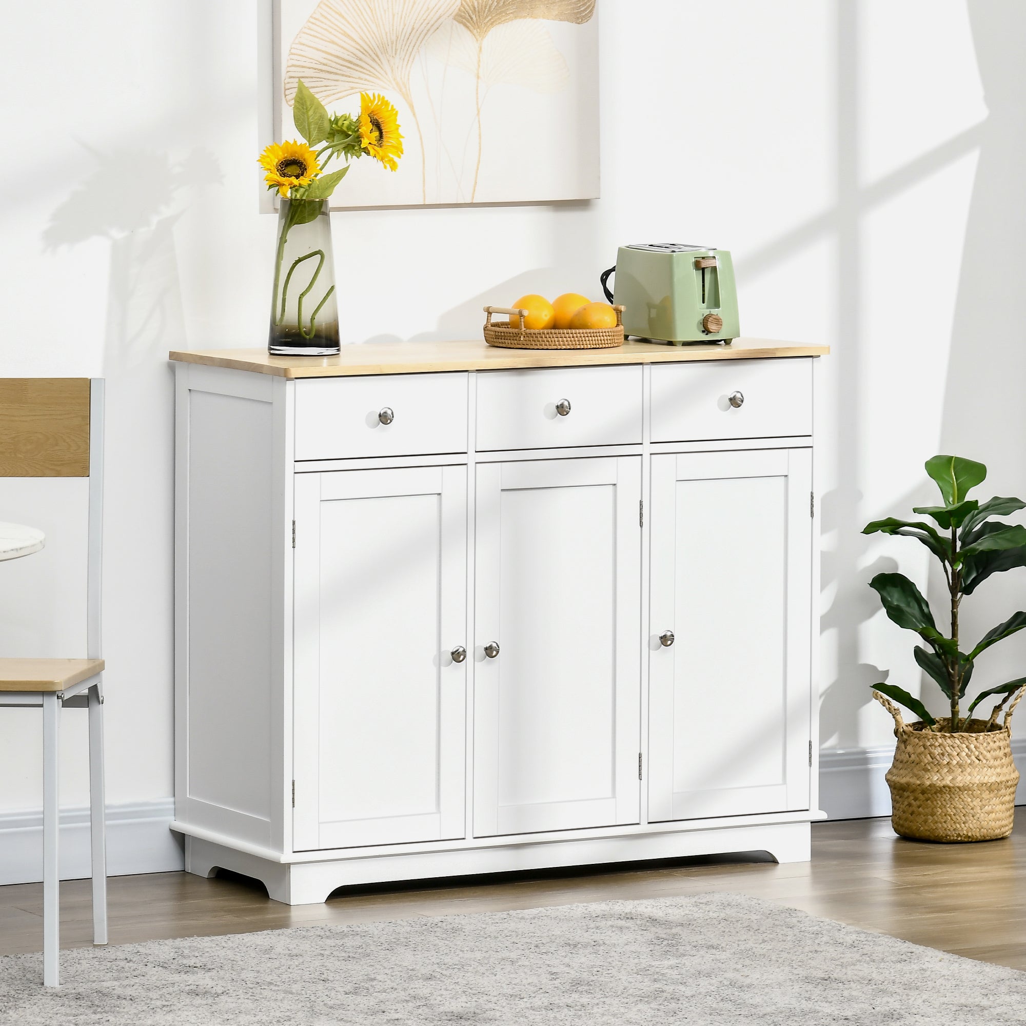 HOMCOM Modern Sideboard with Rubberwood Top, Buffet Cabinet with Storage Cabinets, Drawers and Adjustable Shelves for Living Room, Kitchen, White - North Peak Garden Furniture