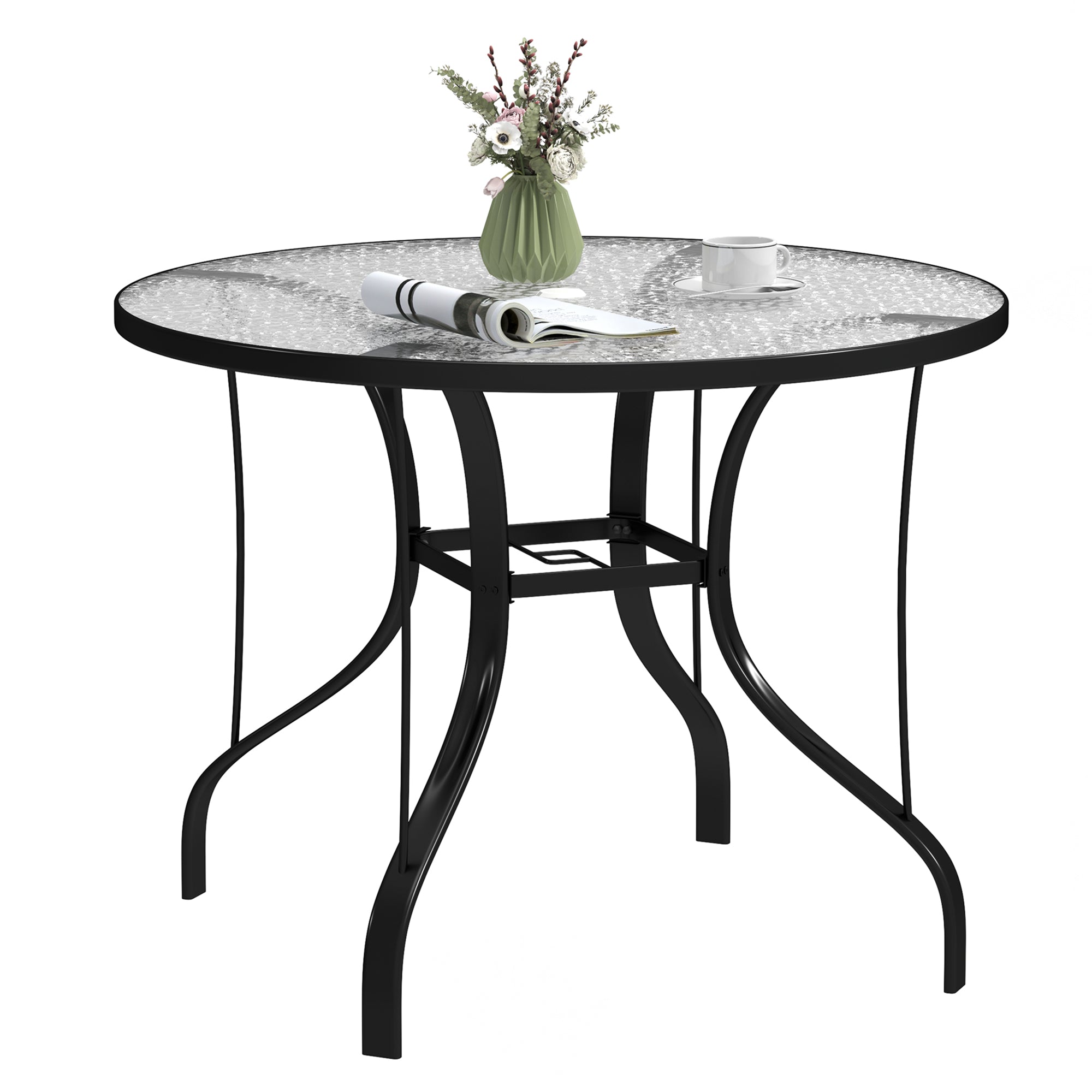 Outsunny Tempered Glass Top Round Outdoor Dining Table with Parasol Hole, 96.5 x 96.5 x 71 cm - North Peak Garden Furniture