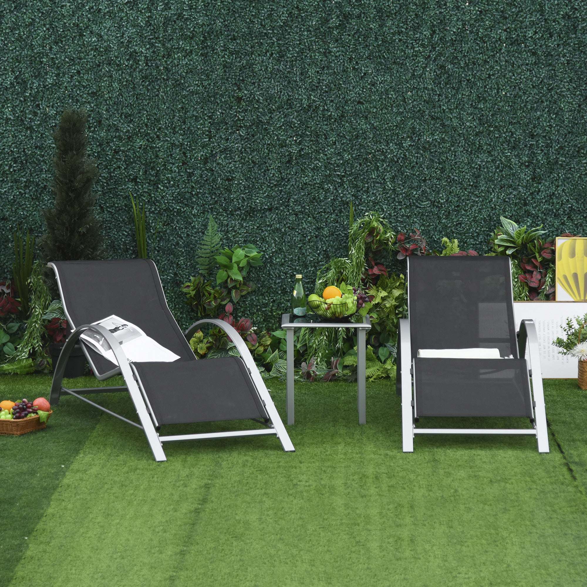 Outsunny 3 Pieces Sun Lounger Chair Set, Metal Frame Garden Outdoor Sunbathing Chair with Side Table and Armrest, Black - North Peak Garden Furniture