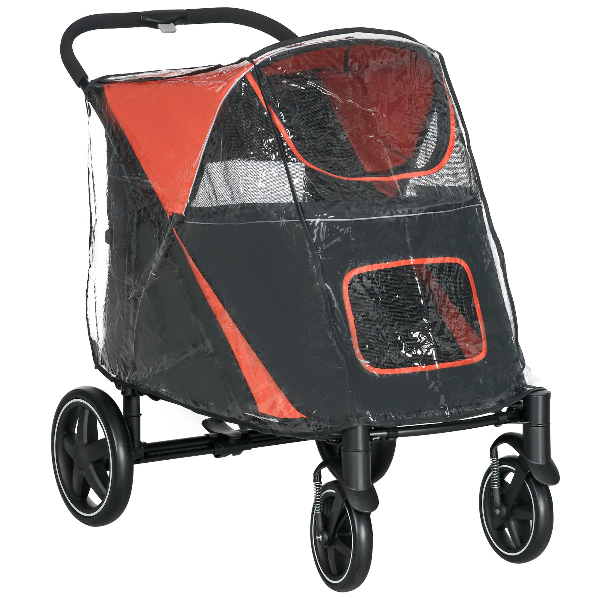 PawHut One-Click Foldable Pet Travel Stroller with Rain Cover, Cat Dog Pushchair with Universal Front Wheels, Shock Absorber, Storage Bags, Mesh Window, Safety Leash for Large and Medium Dogs (Red) - North Peak Garden Furniture