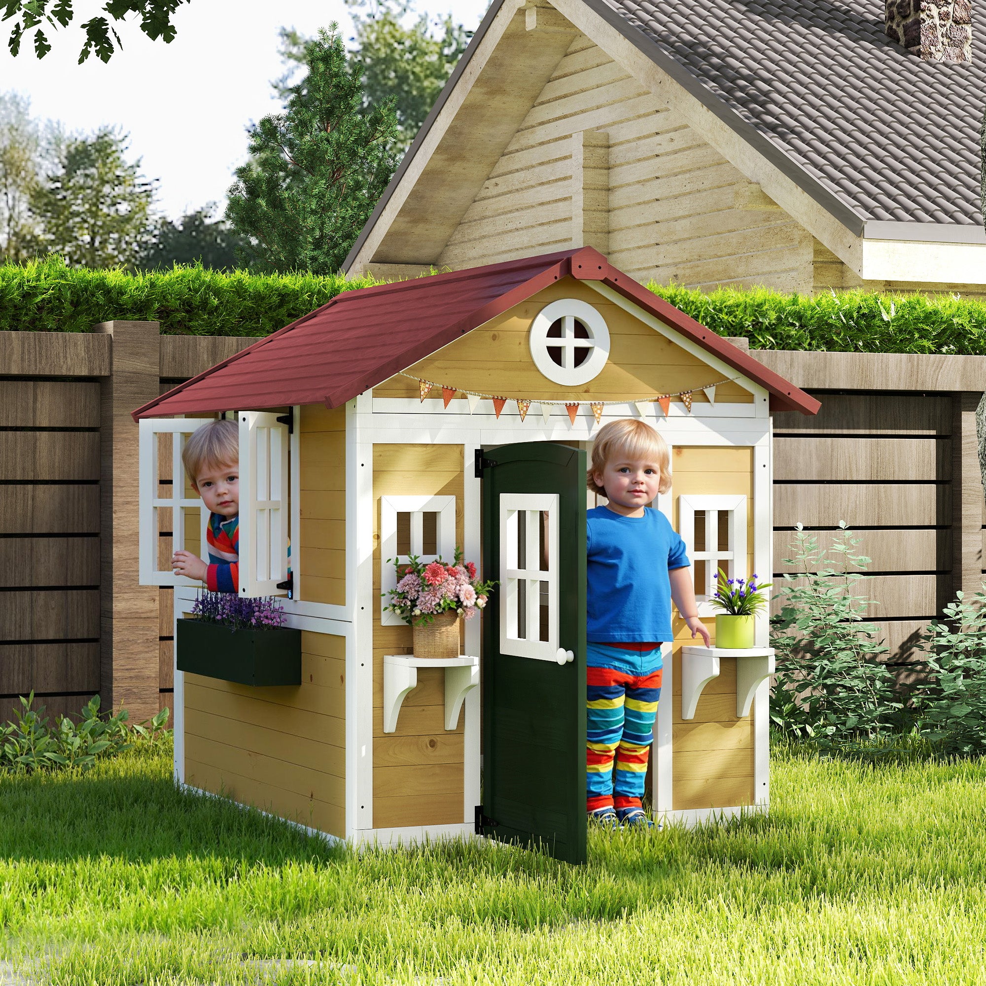 Outsunny Wooden Playhouse with Doors, Windows, Plant Pots, Boxes, for 3-8 Years - Beige