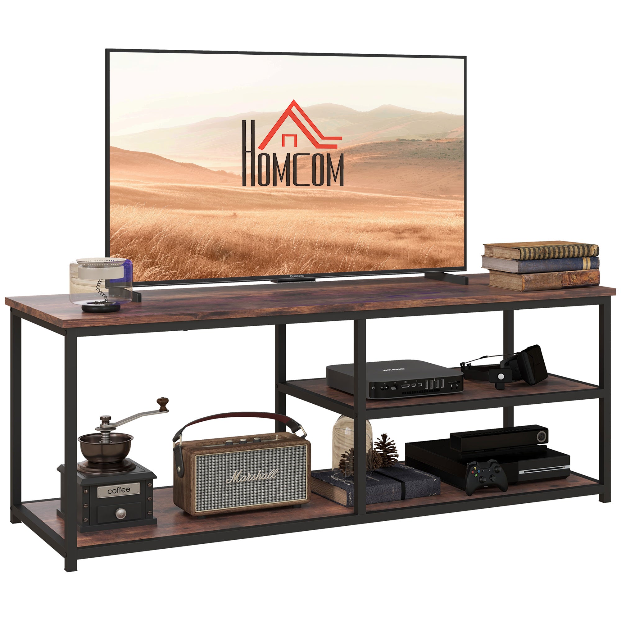 HOMCOM TV Unit for 55 inch TVs, Industrial TV Table with 2 Storage Shelves and Metal Frame, Entertainment Unit For living Room, Rustic Brown - North Peak Garden Furniture