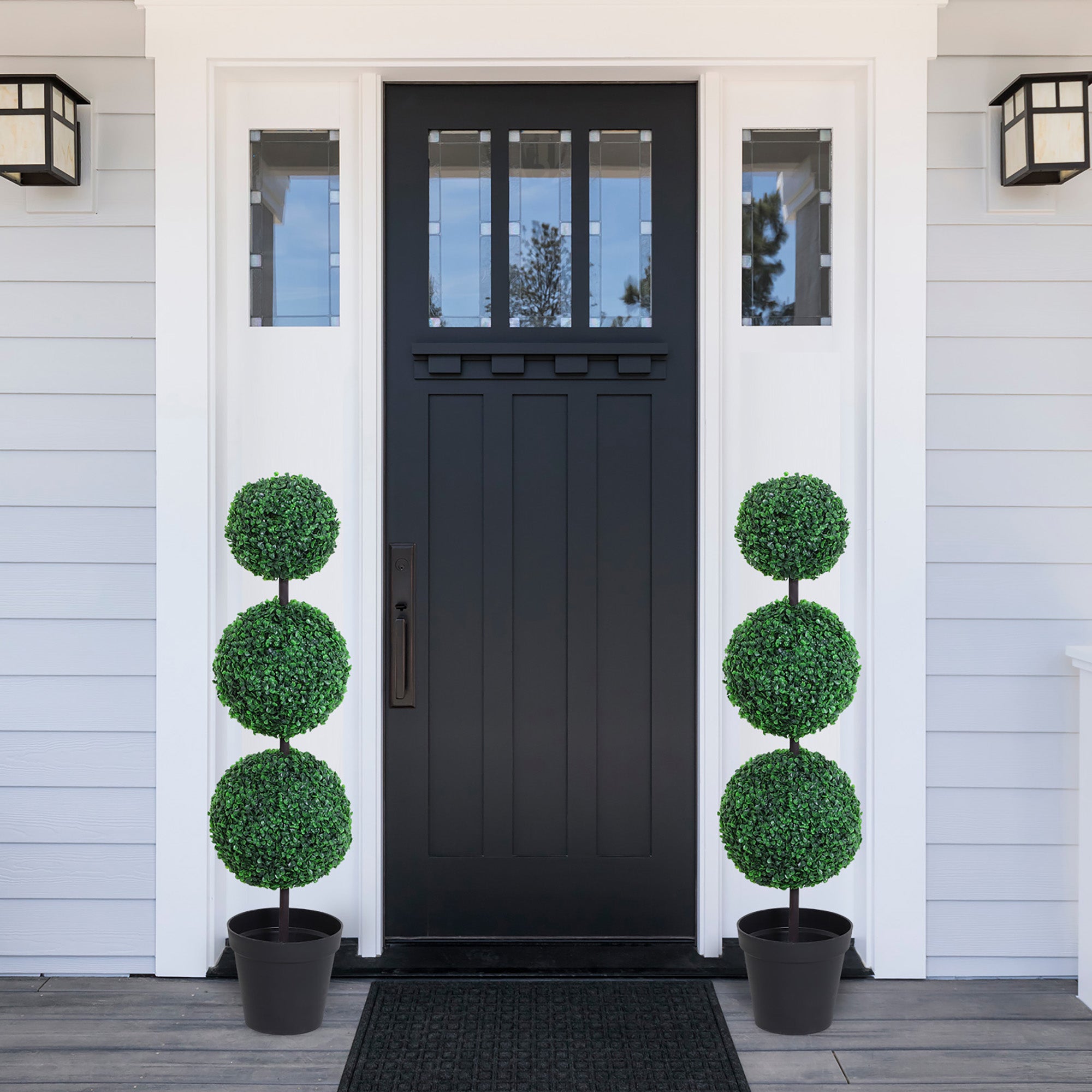 Outsunny Set of 2 Artificial Boxwood Ball Topiary Trees Potted Decorative Plant Outdoor and Indoor Décor (112cm) - North Peak Garden Furniture