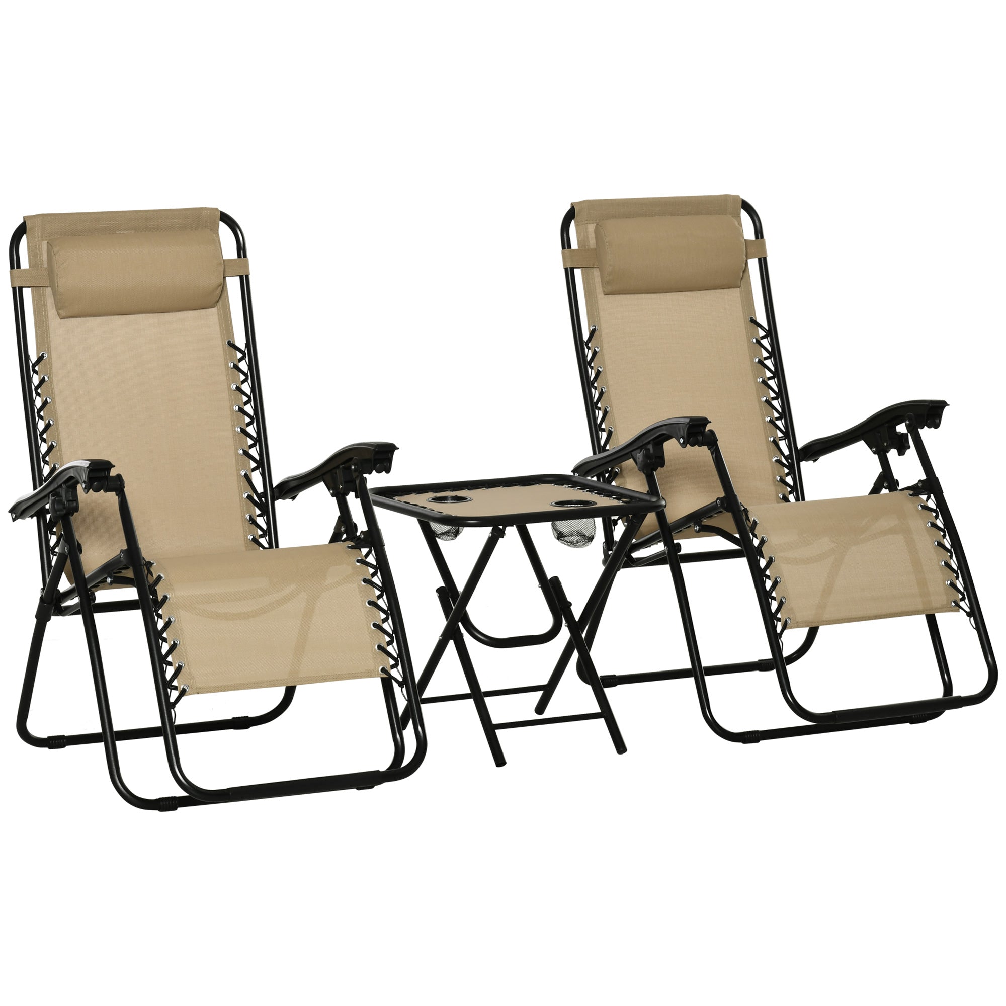 Outsunny 3pcs Folding Zero Gravity Chairs Sun Lounger Table Set w/ Cup Holders Reclining Garden Yard Pool, Beige - North Peak Garden Furniture