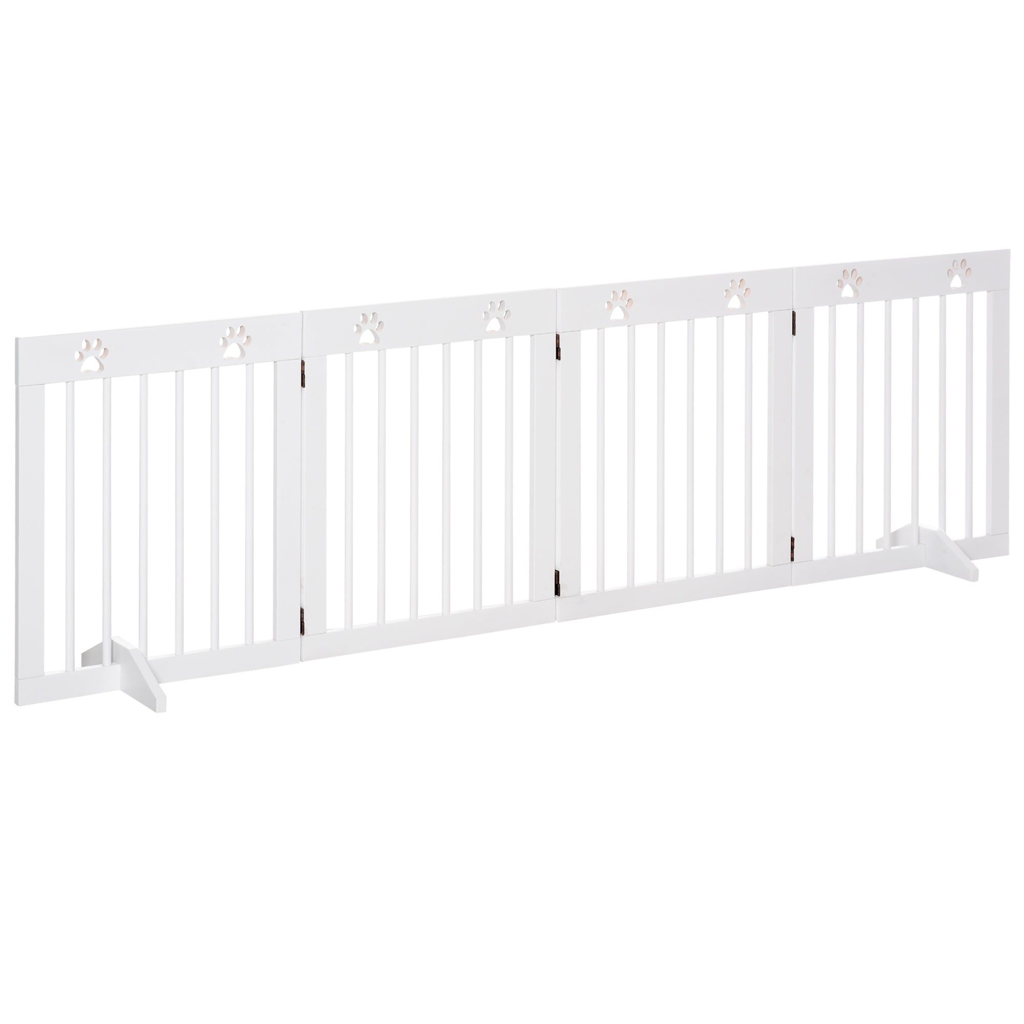 PawHut Freestanding Pet Gate 4 Panel Wooden Dog Barrier Folding Safety Fence with Support Feet up to 204cm Long 61cm Tall for Doorway Stairs White - North Peak Garden Furniture