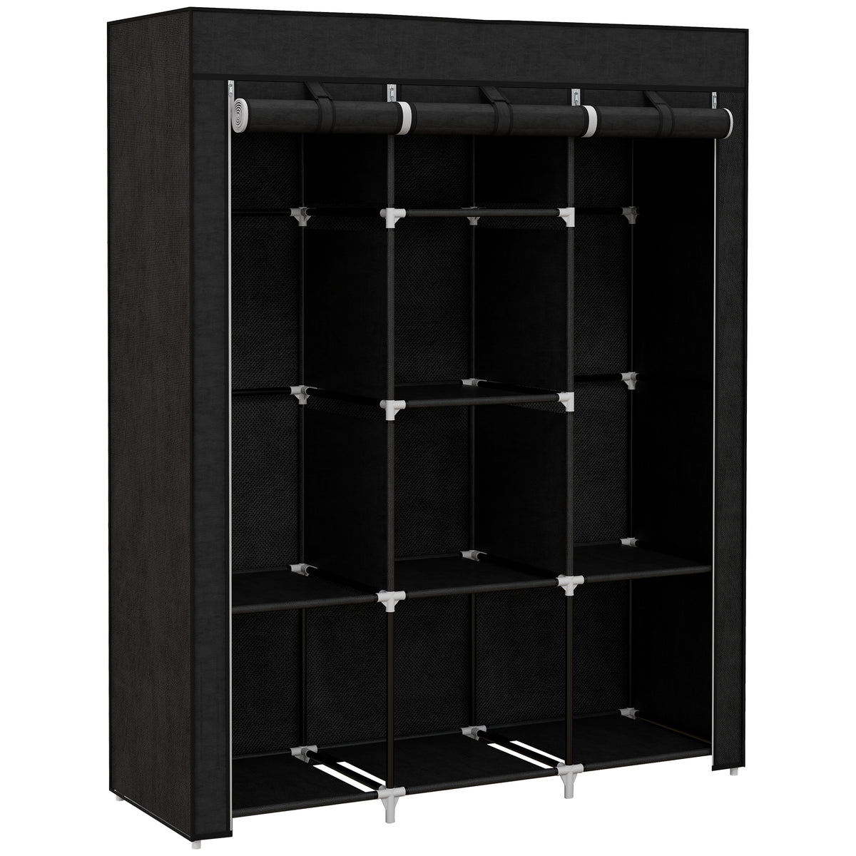 HOMCOM Fabric Wardrobe, Portable Wardrobe, Clothes Storage Unit with 8 Shelves, 2 Hanging Rods, 125 x 43 x 162.5 cm, Black