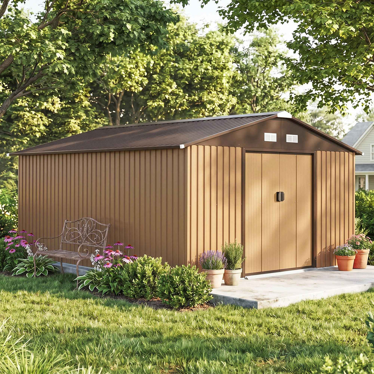 Outsunny 13 x 11ft Metal Garden Shed, Outdoor Storage Tool House with Ventilation Slots, Foundation Kit and Lockable Double Doors, Yellow