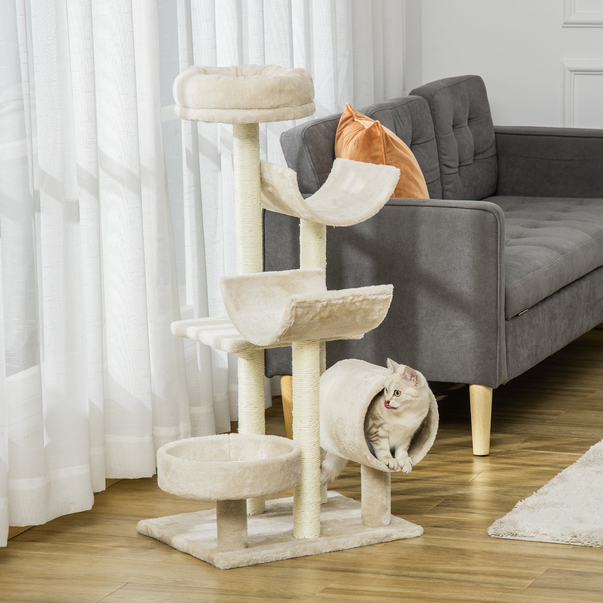 PawHut Cat Tree for Indoor Cats Kitten Pet Scratching Post Perch Activity Center Scratcher Climb Post Play House Arch with Tunnel 105cm Tall Beige - North Peak Garden Furniture