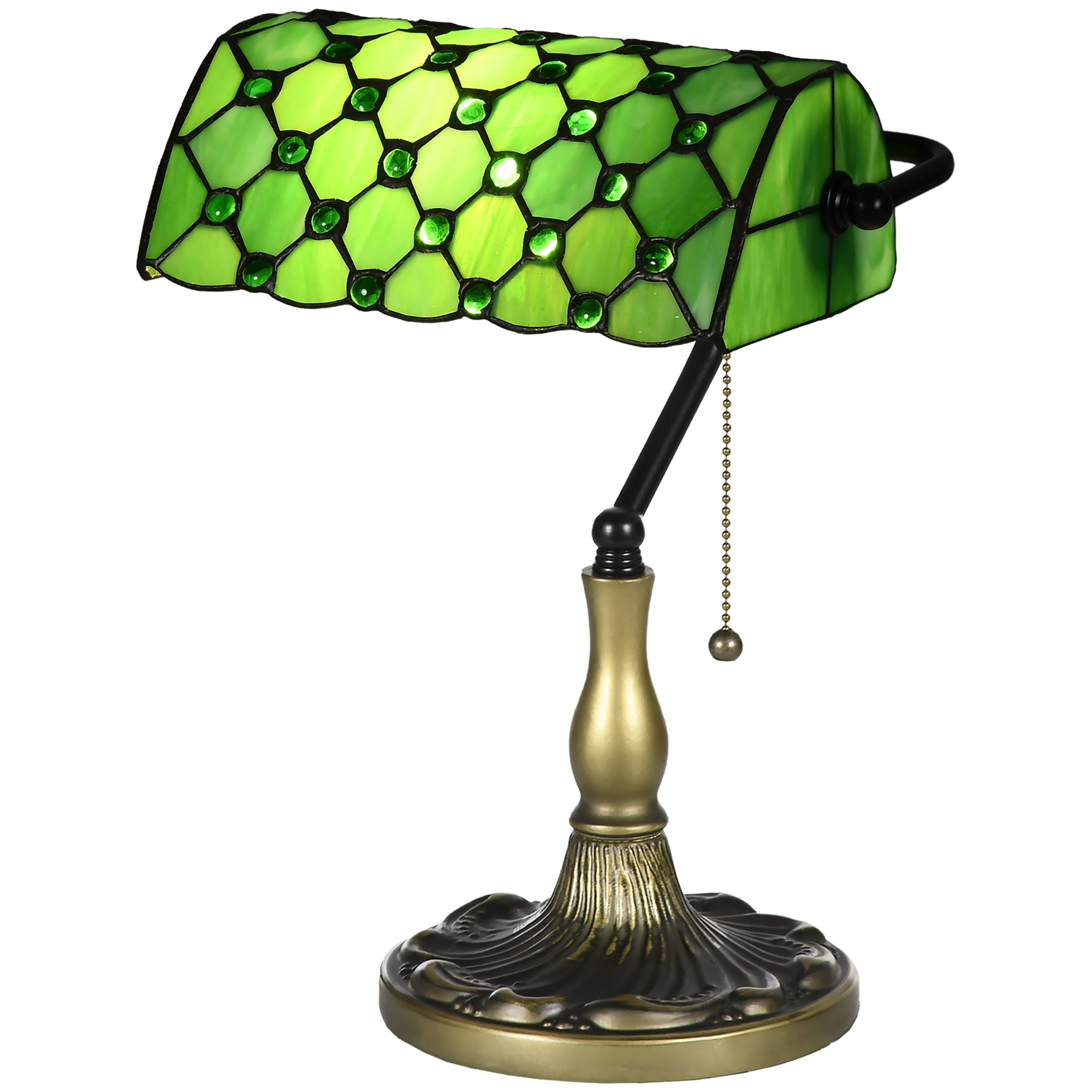 HOMCOM Stained Glass Table Lamp, Vintage Lamp with Green Handmade Shade, Metal Base, Antique Bedside Lamp for Bedroom Living Room Home Decoration - North Peak Garden Furniture