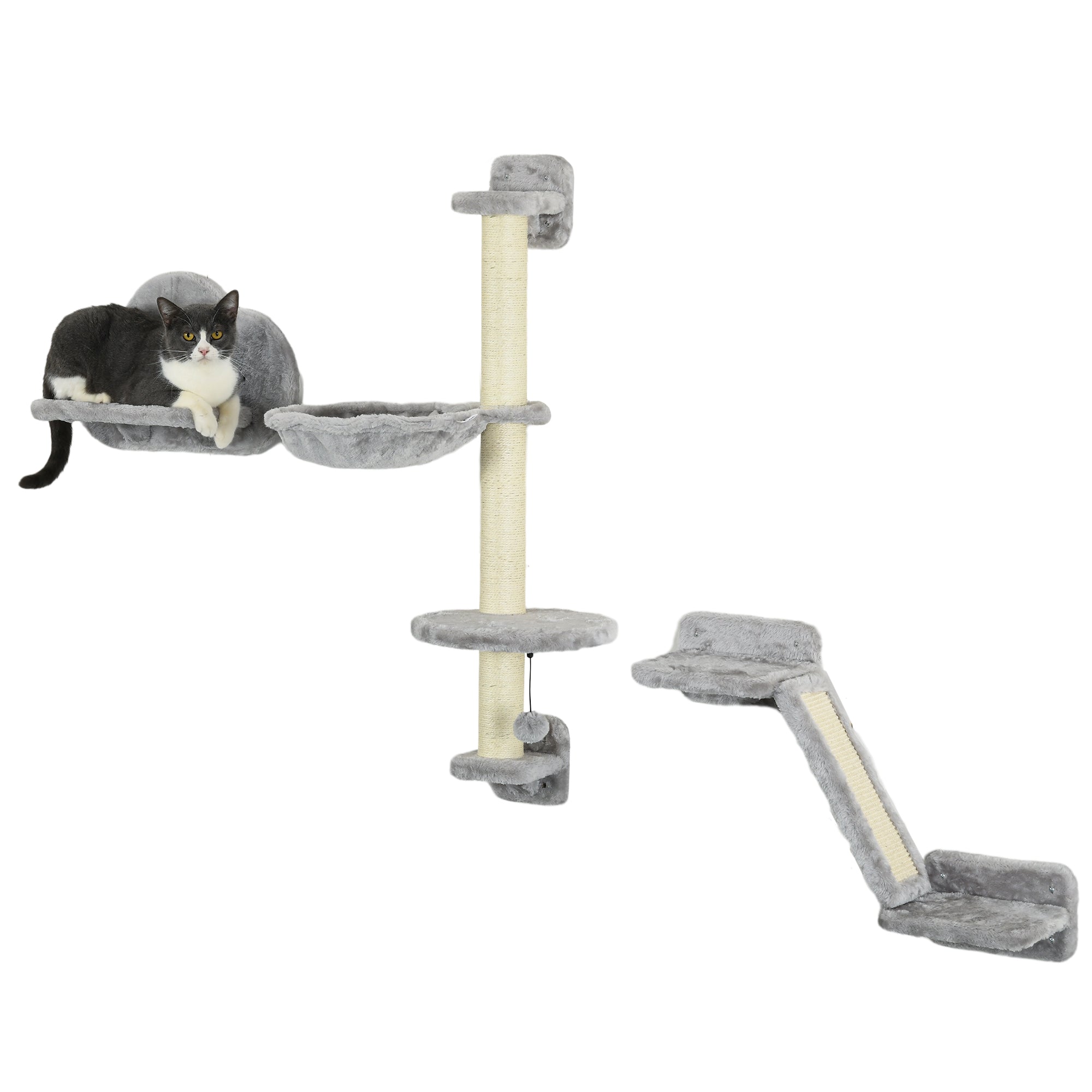 PawHut Three-Piece Wall-Mounted Cat Shelves, with Hammock, Ladder, Platforms, Scratching Post - Grey - North Peak Garden Furniture