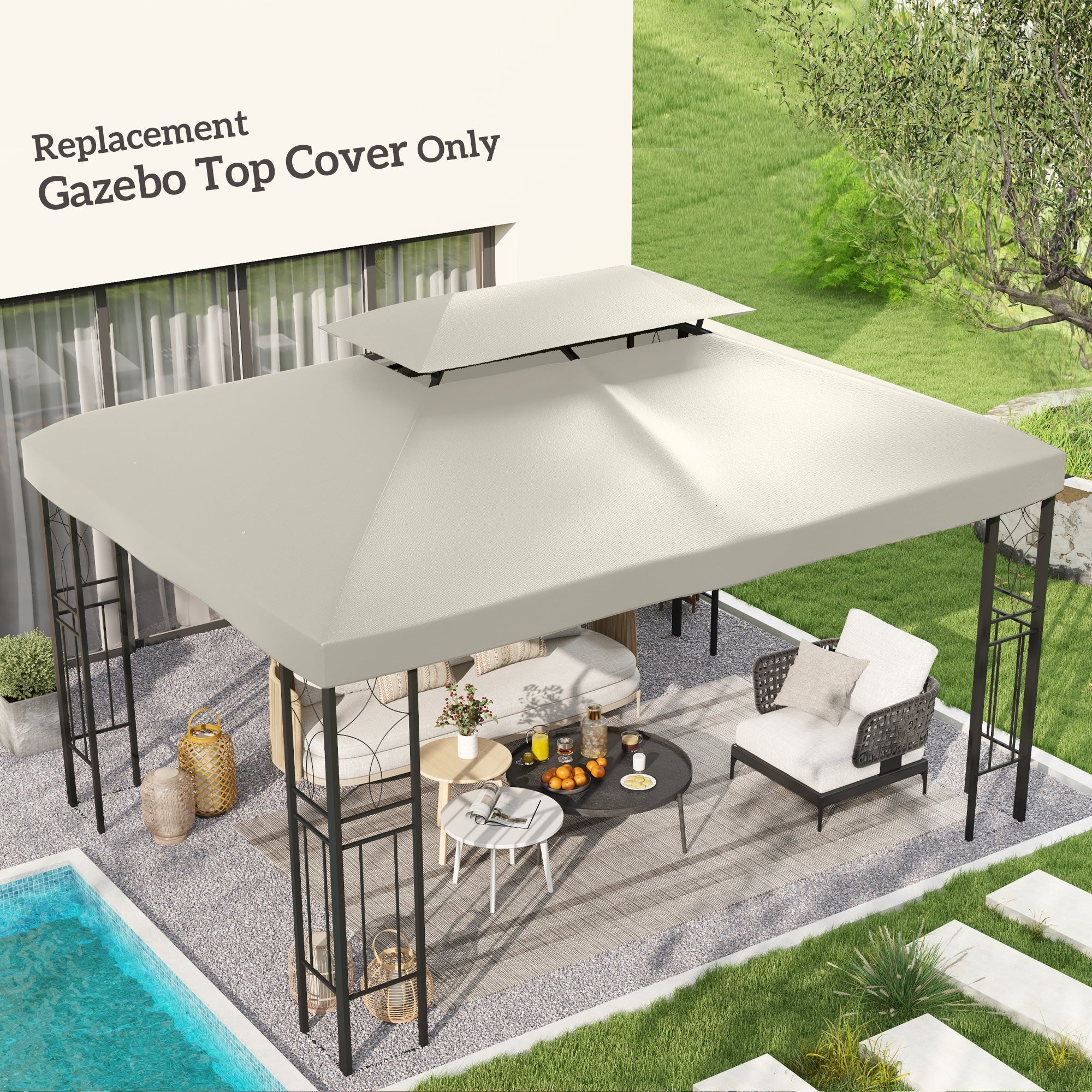 Outsunny 3x4m Gazebo Replacement Roof Canopy 2 Tier Top UV Cover Garden Patio Outdoor Sun Awning Shelters Cream (TOP COVER ONLY) - North Peak Garden Furniture