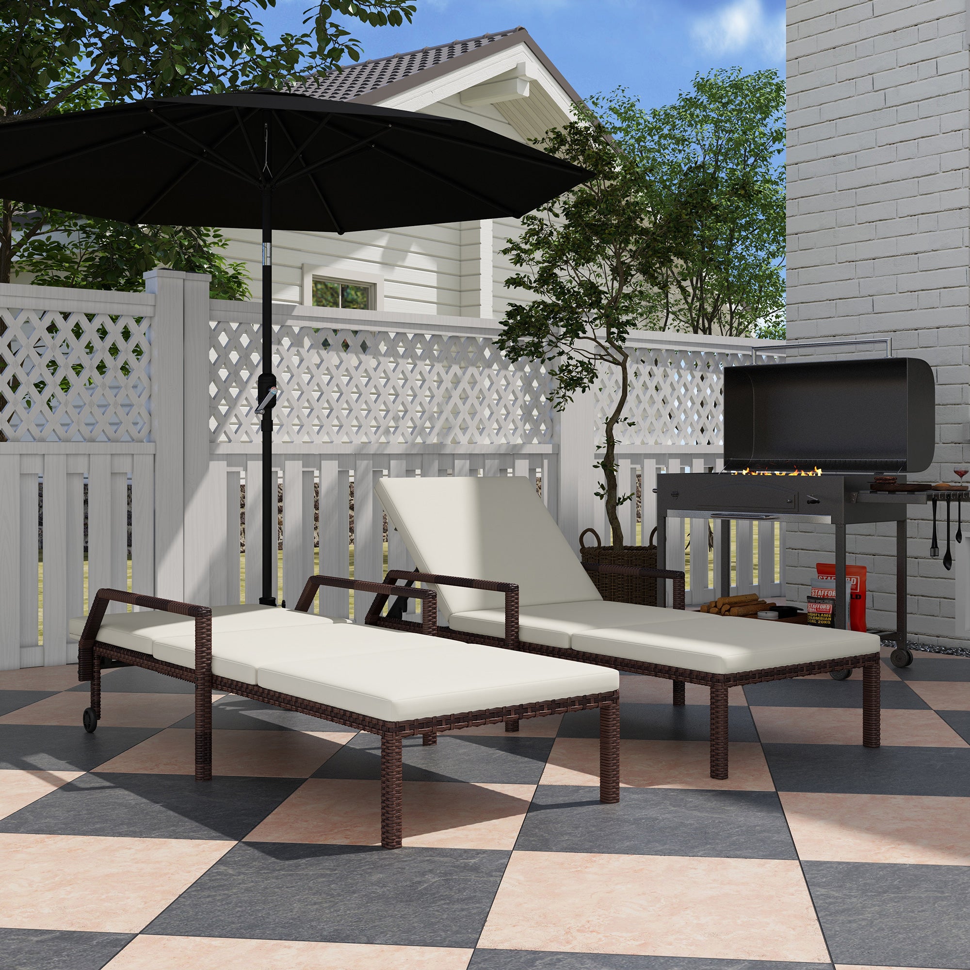 Outsunny Outdoor PE Rattan Sun Lounger Set of 2, Wicker Chaise Recliner Garden Chair with 5-Level Adjustable Backrest and 2 Wheels, Cream White - North Peak Garden Furniture